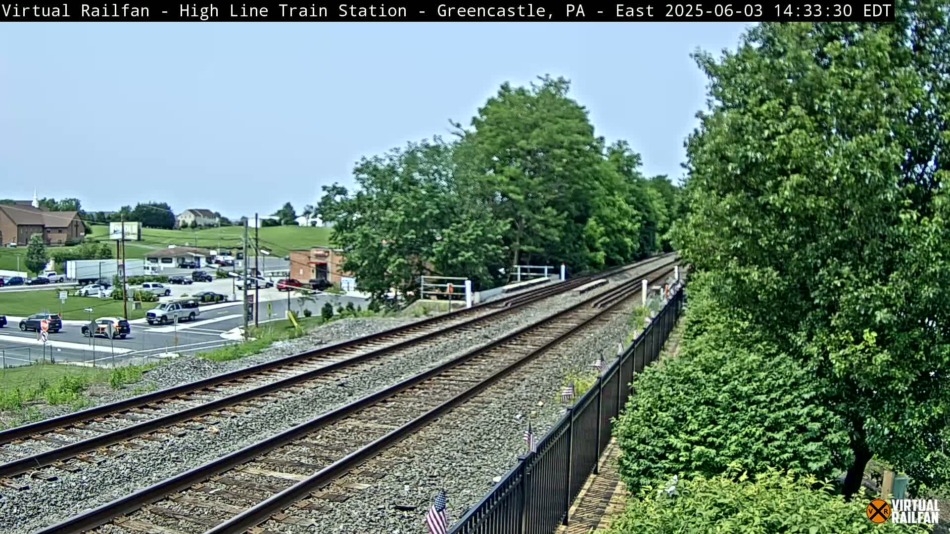 Under a clear sky, a view of train tracks extends from a roadside area with parked cars, leading toward lush green trees.