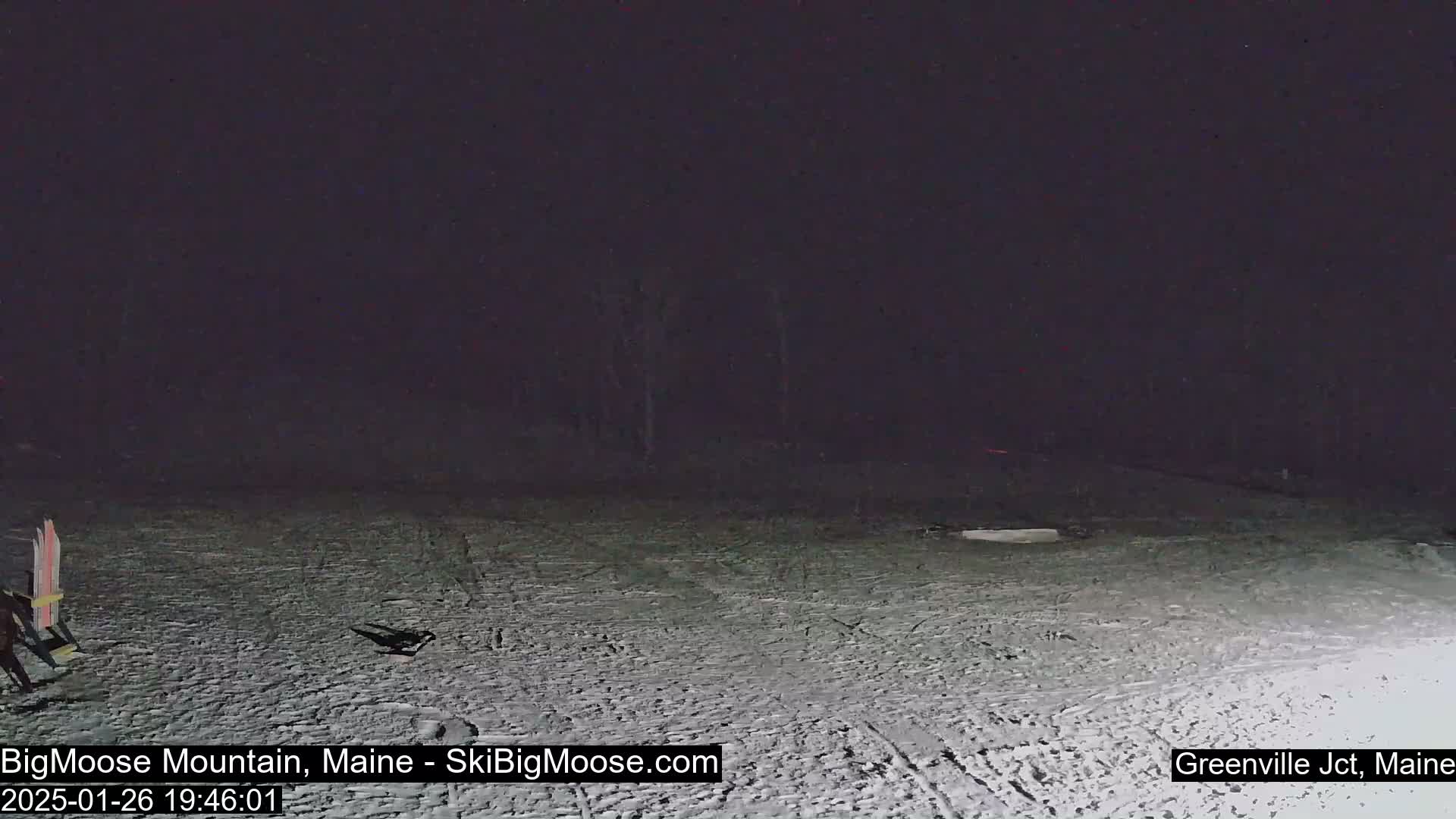 A snow-covered area is visible at night, under a dark sky.