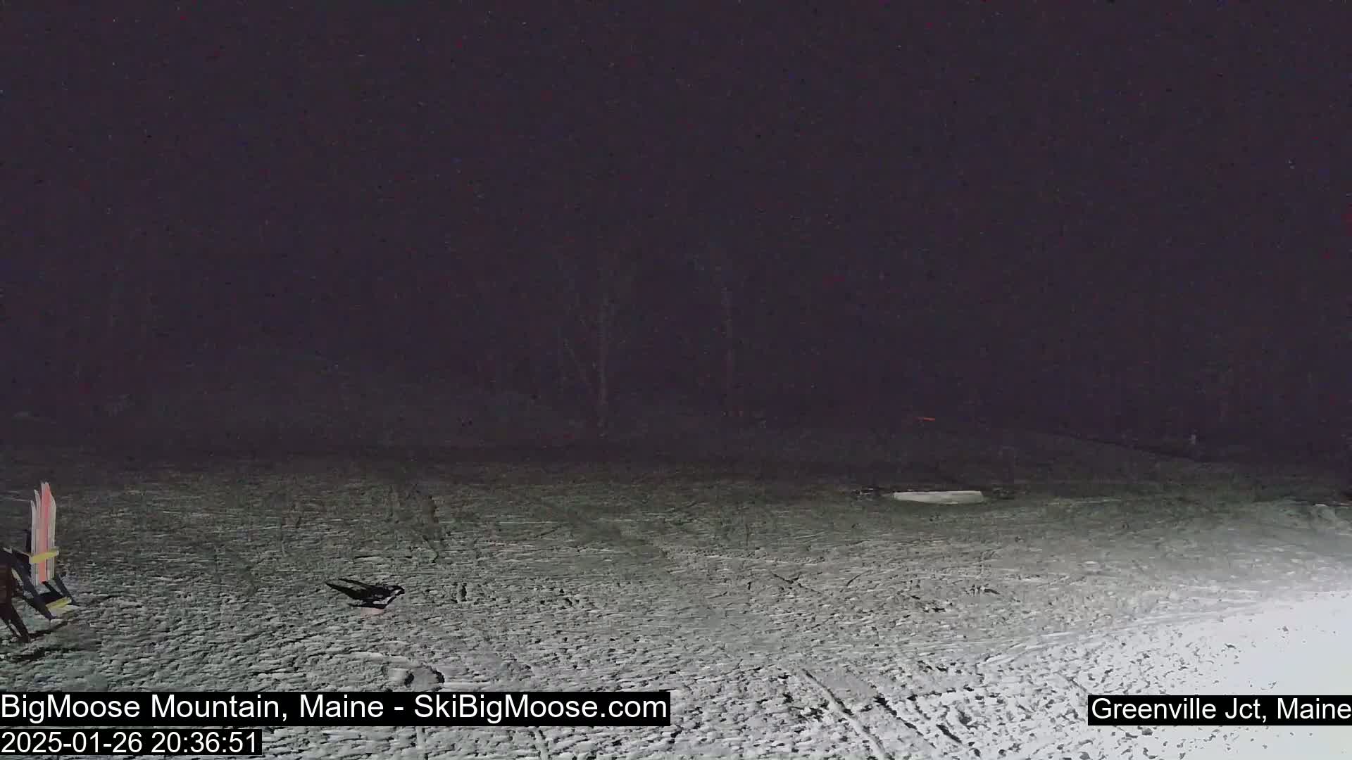 A snow-covered, dark area at night with a pair of skis leaning against an object in the bottom left corner.