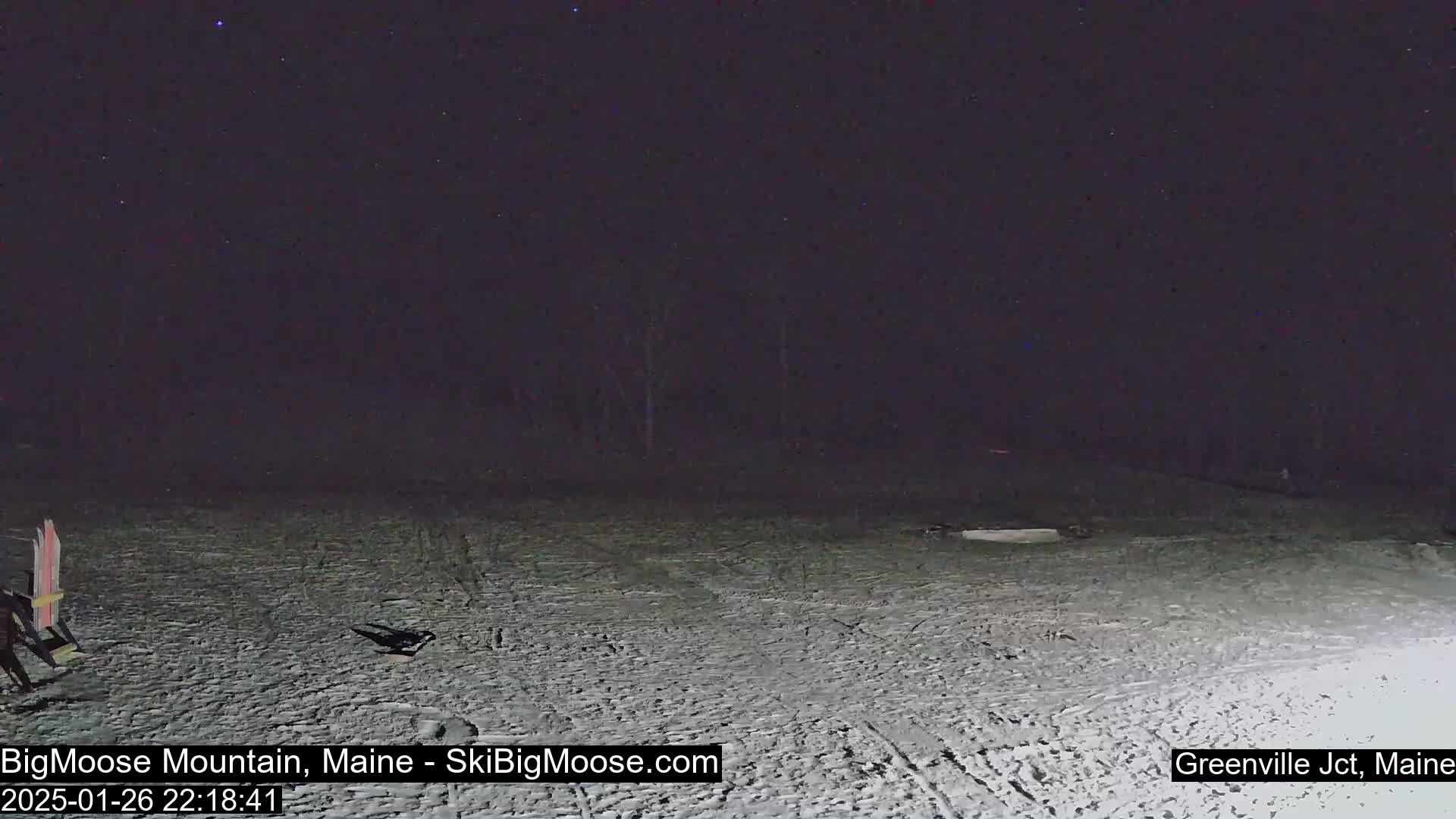 A snow-covered area is visible at night under a starry sky.