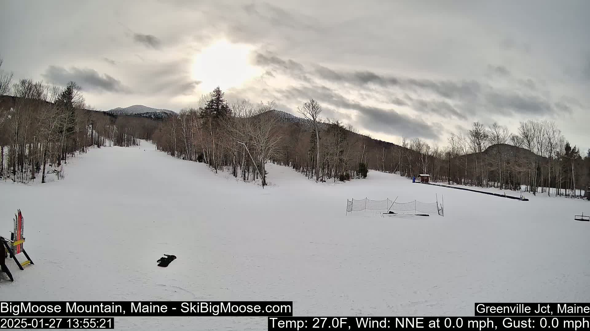A snow-covered ski slope with leafless trees and mountains in the background under an overcast sky.
