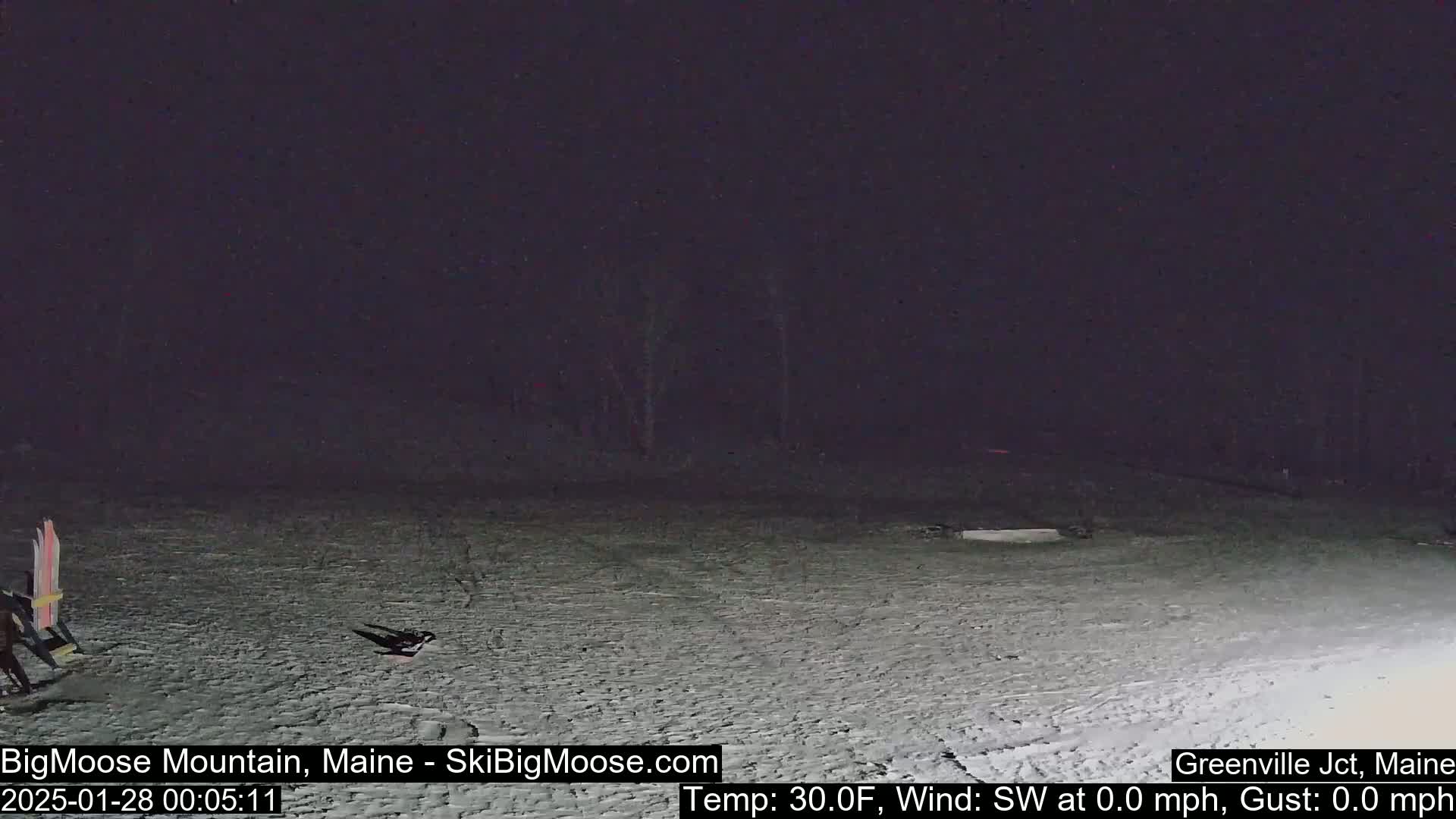 A snow-covered area at night with calm weather, showing a few objects in the distance.
