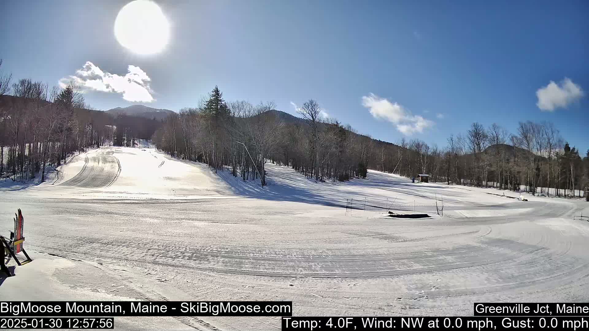 A sunny, snow-covered ski slope with groomed runs and a backdrop of bare trees and mountains.