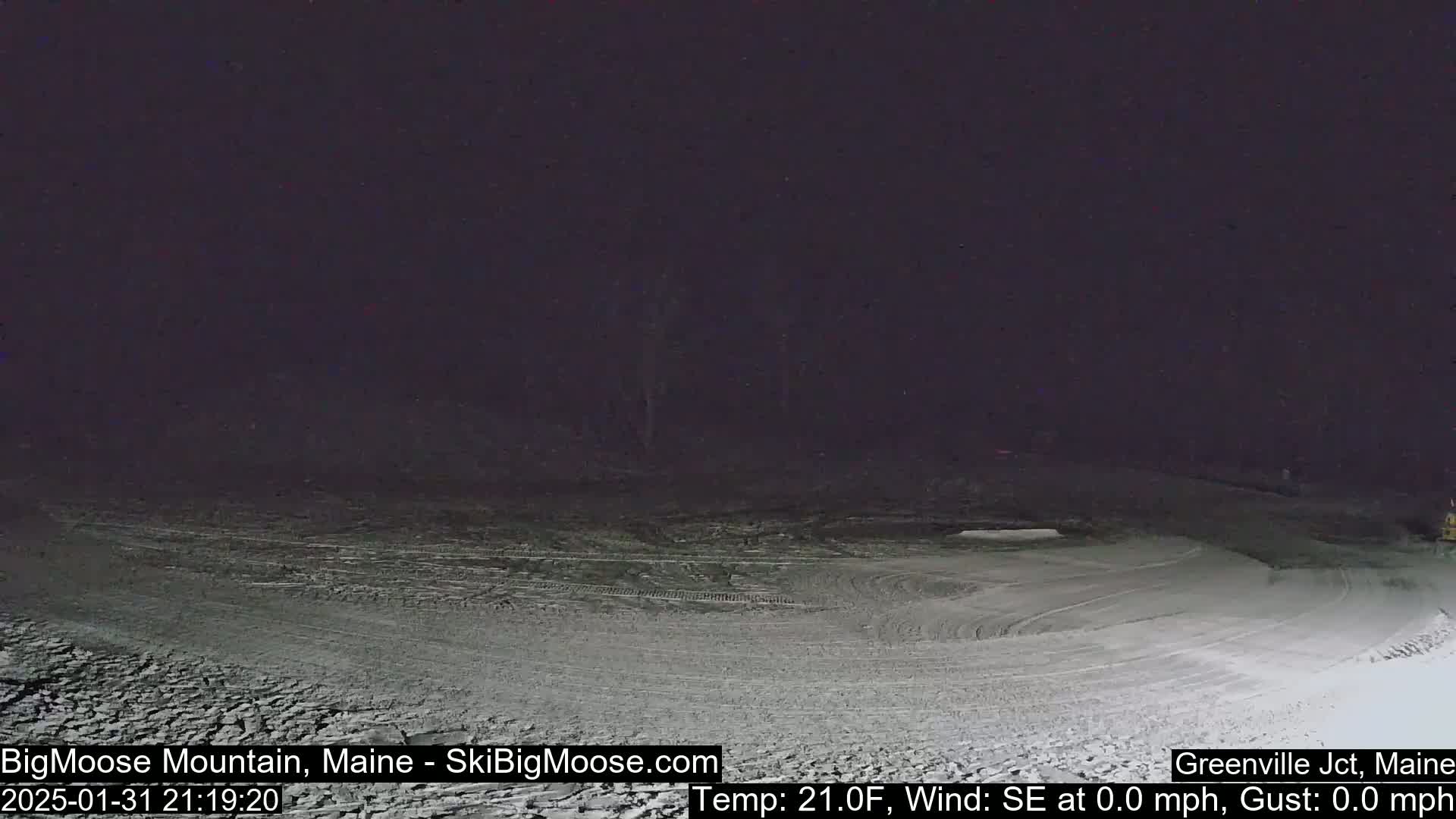 A snow-covered area at night with calm, clear conditions and a temperature of 21 degrees Fahrenheit.
