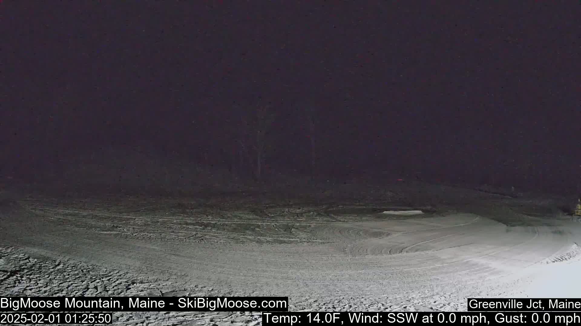 A snow-covered slope is visible at night under a dark sky, with calm conditions.