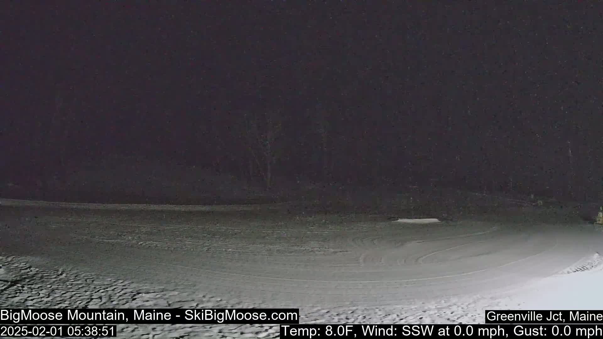 A snow-covered, circular area is visible at night under a dark sky.