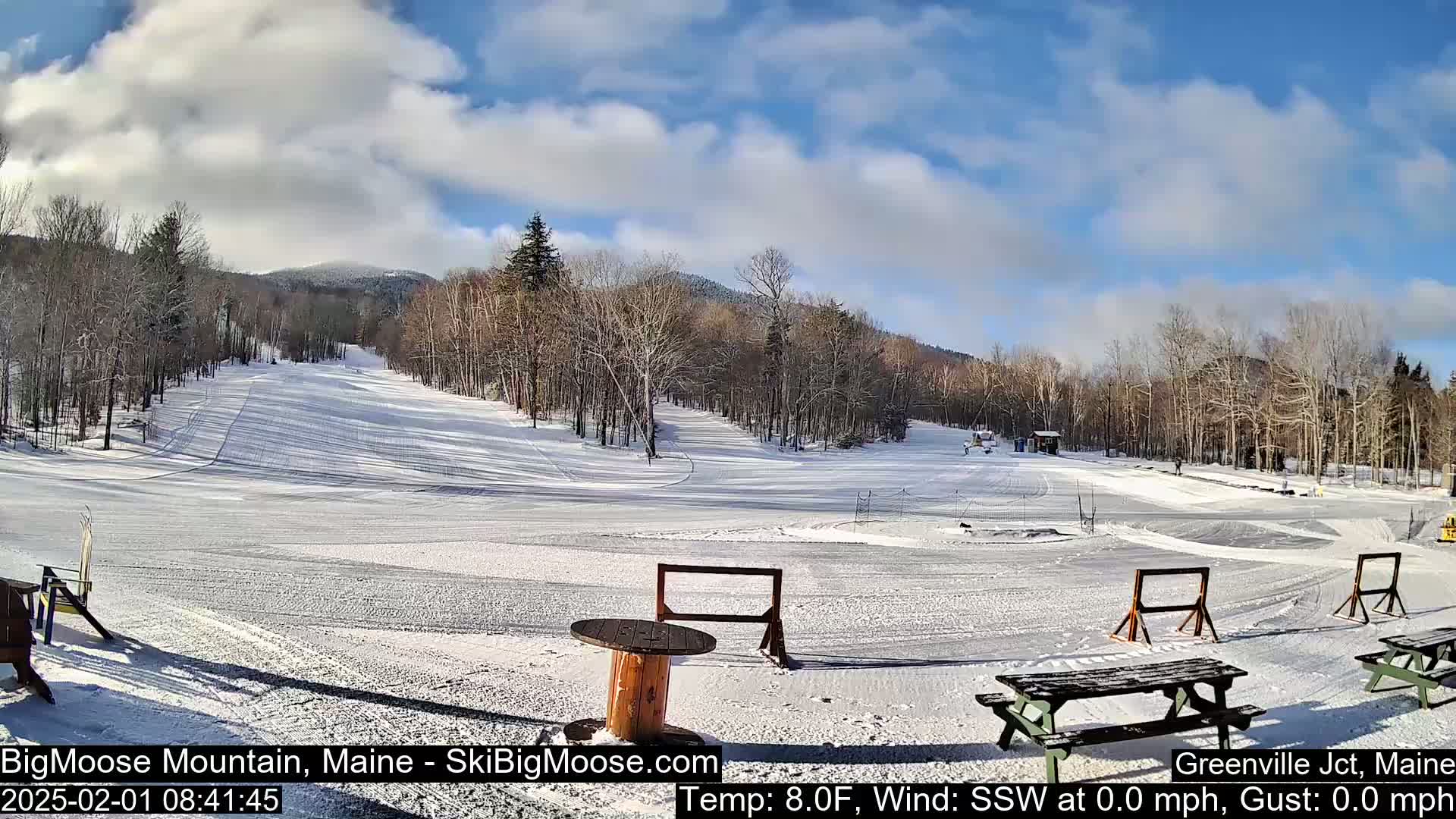 A snow-covered ski slope with trees and mountains in the background under a partly cloudy, sunny sky.