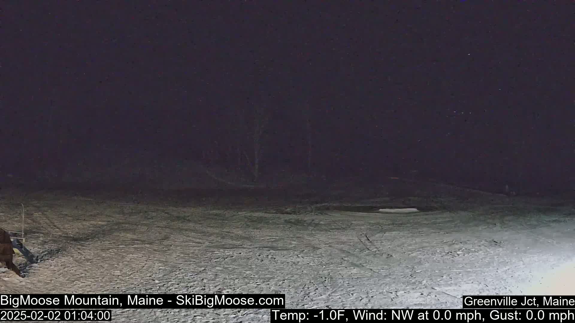 A nighttime view of a snow-covered slope under a dark sky with calm conditions.