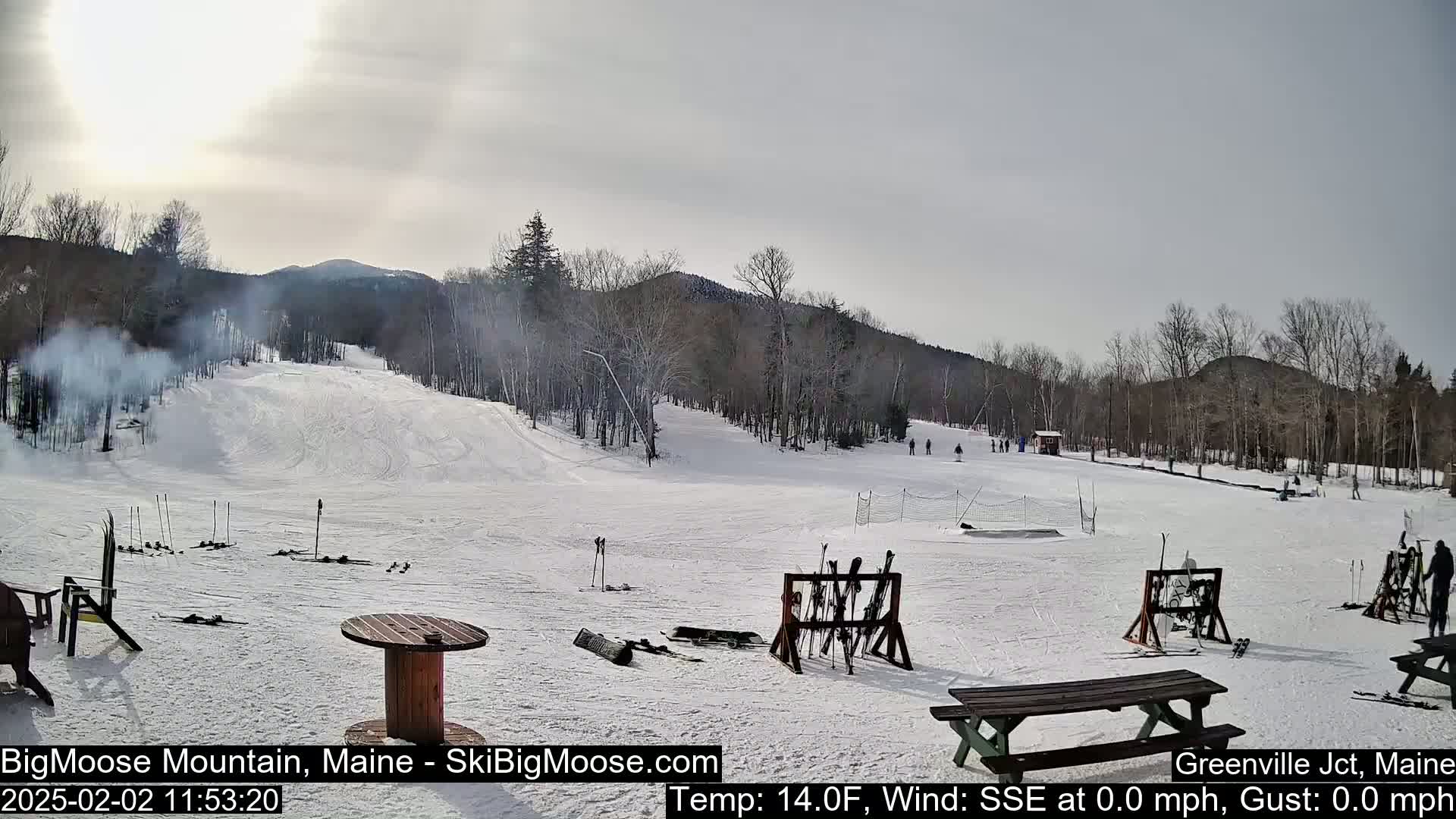 A snow-covered ski slope with several skiers visible, under a mostly cloudy sky, with calm winds and a temperature of 14 degrees Fahrenheit.