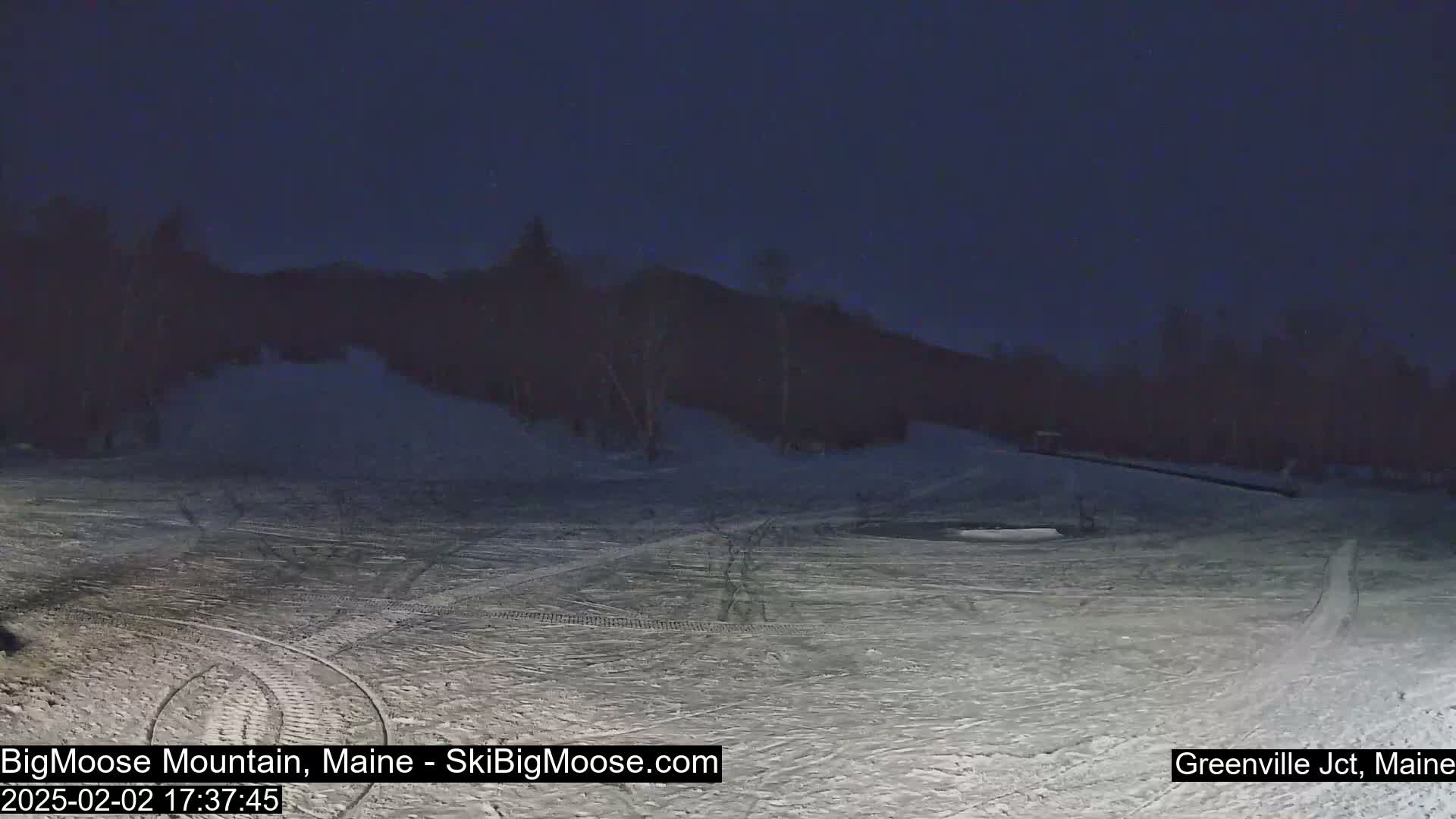 A snow-covered landscape at night, under a dark sky, shows tire tracks in the snow leading towards a hill covered with dark trees.