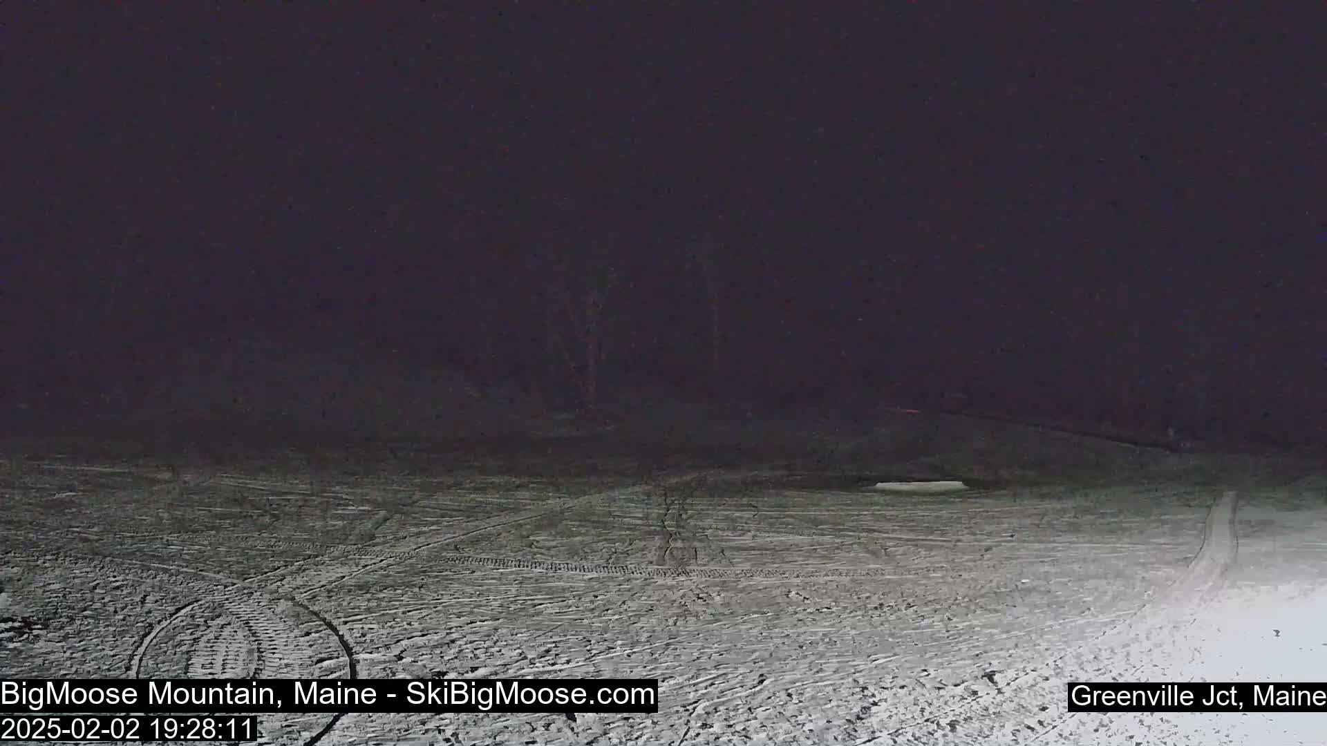 A snow-covered area is visible at night, with faint tire tracks and dark trees in the background.