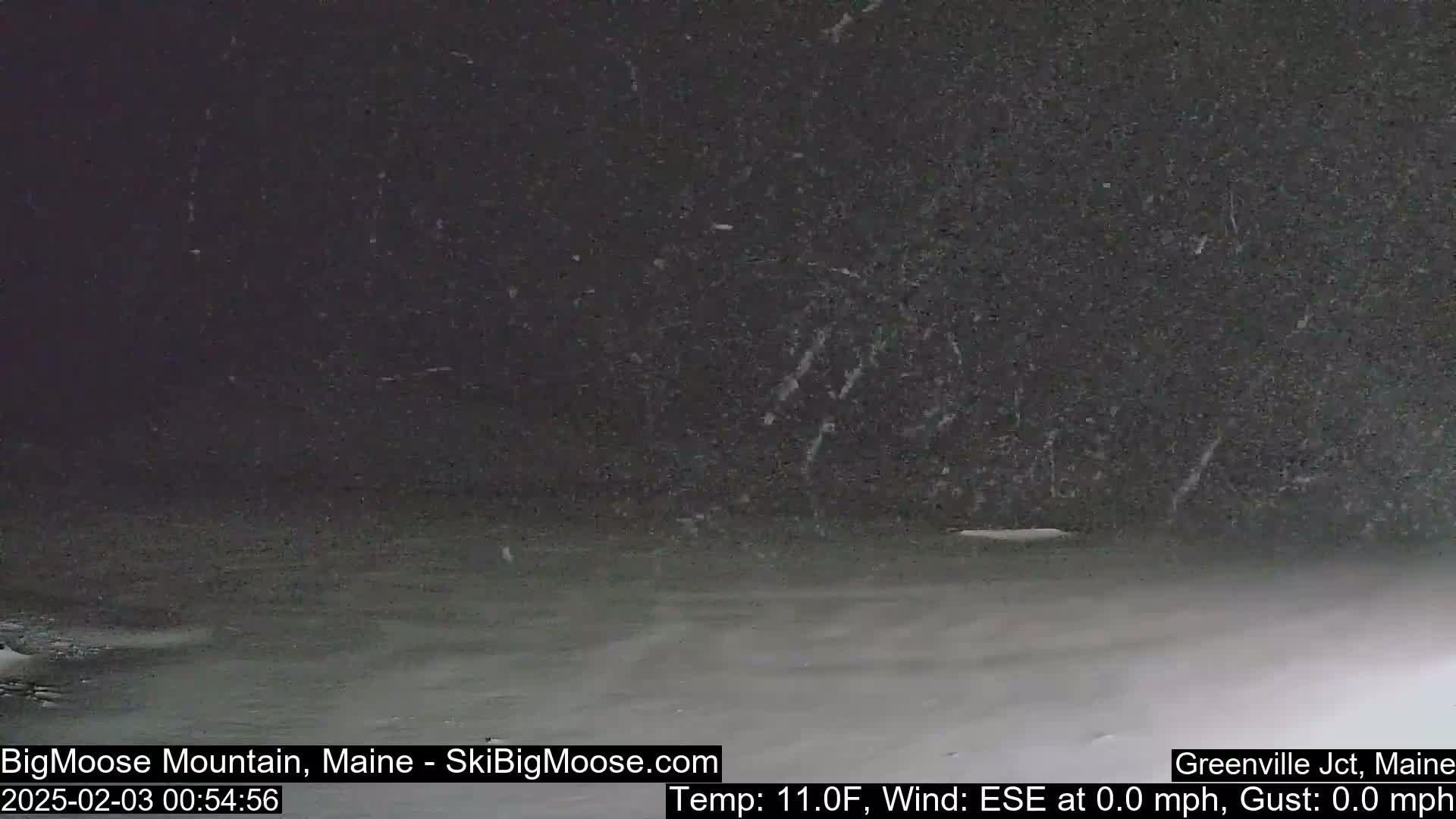 A nighttime, snowy scene shows a dark, flat expanse of ground under a falling snow.