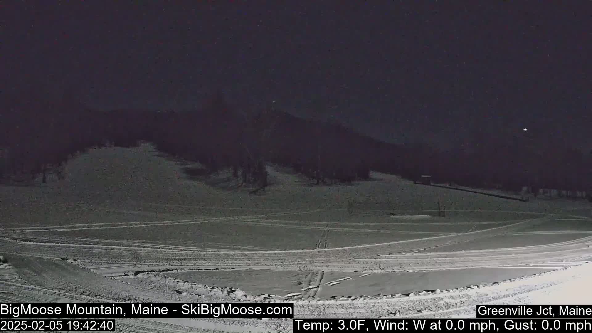 A snow-covered slope at night under a dark sky.