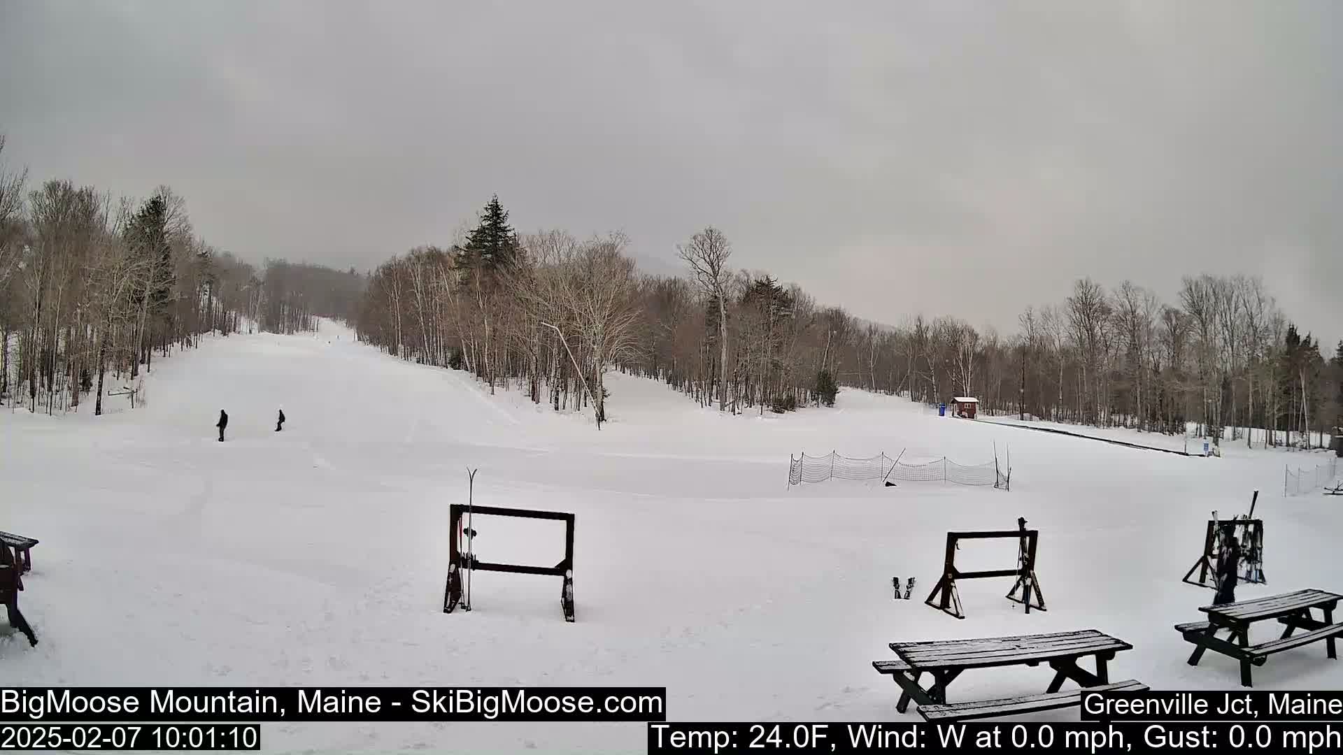 A snow-covered ski slope with a few skiers, wooden picnic tables, and bare trees under an overcast sky.