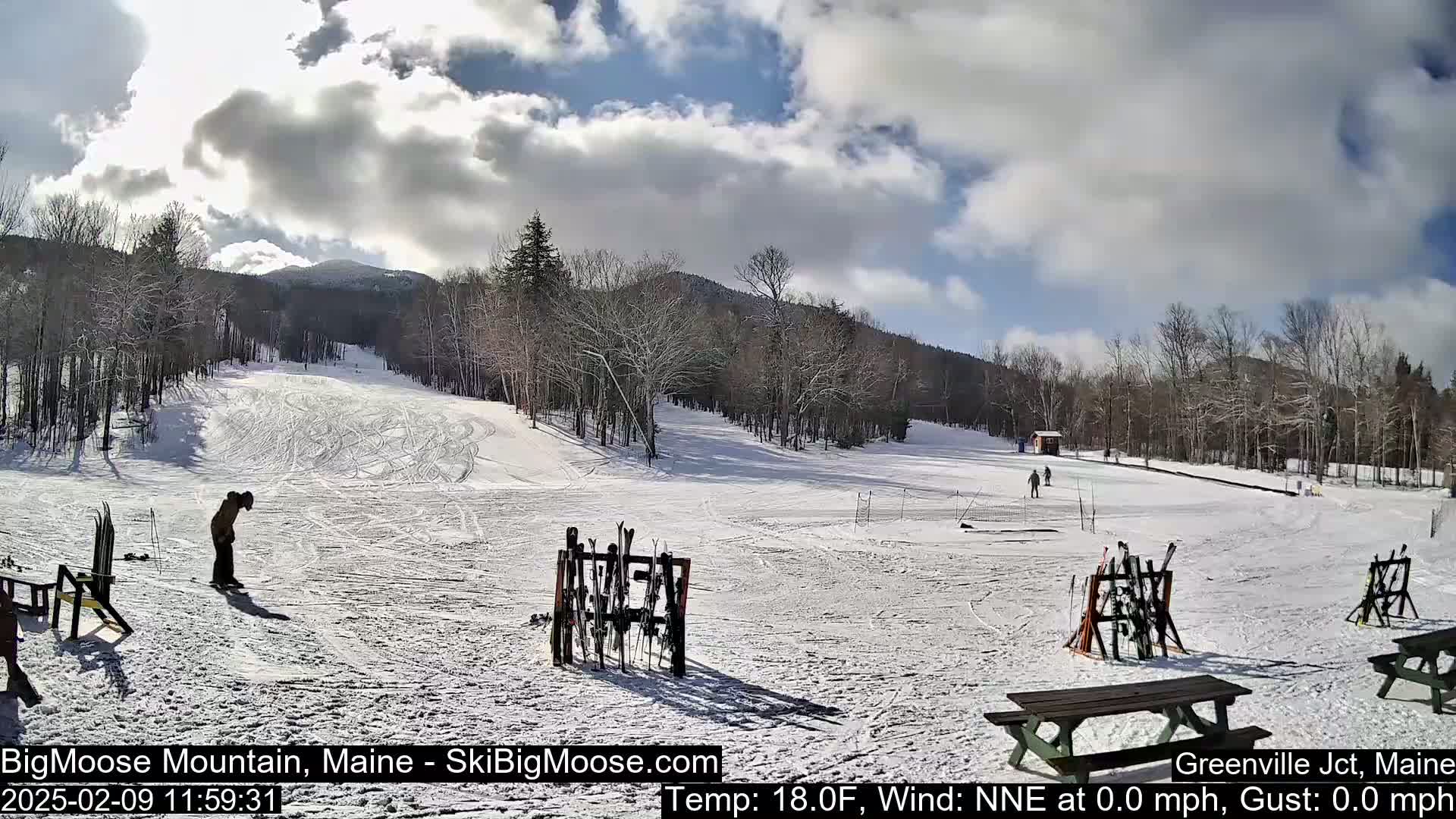 A snow-covered ski slope with several people and ski racks under a partly cloudy sky.
