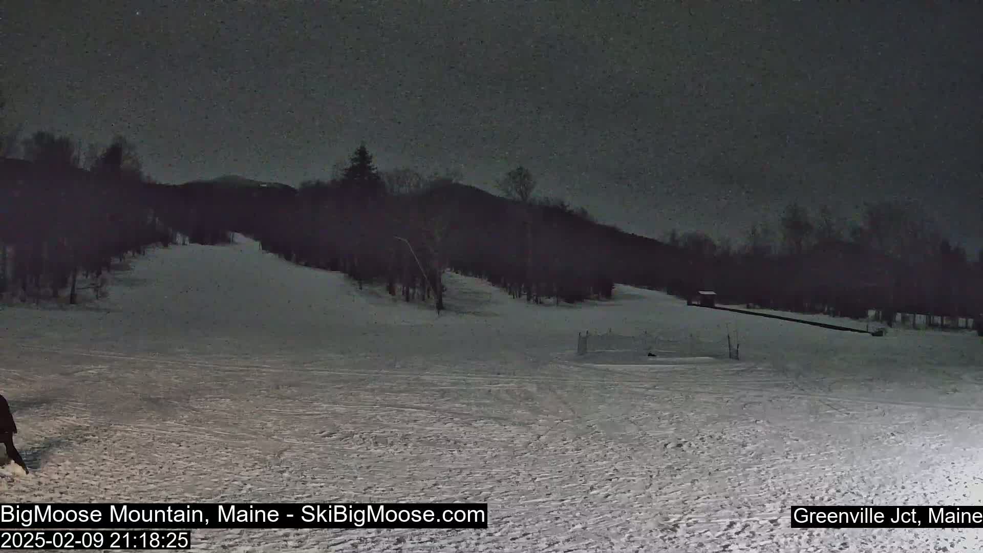 A snow-covered ski slope at night under a dark, possibly slightly snowy sky, with a treeline visible in the background.
