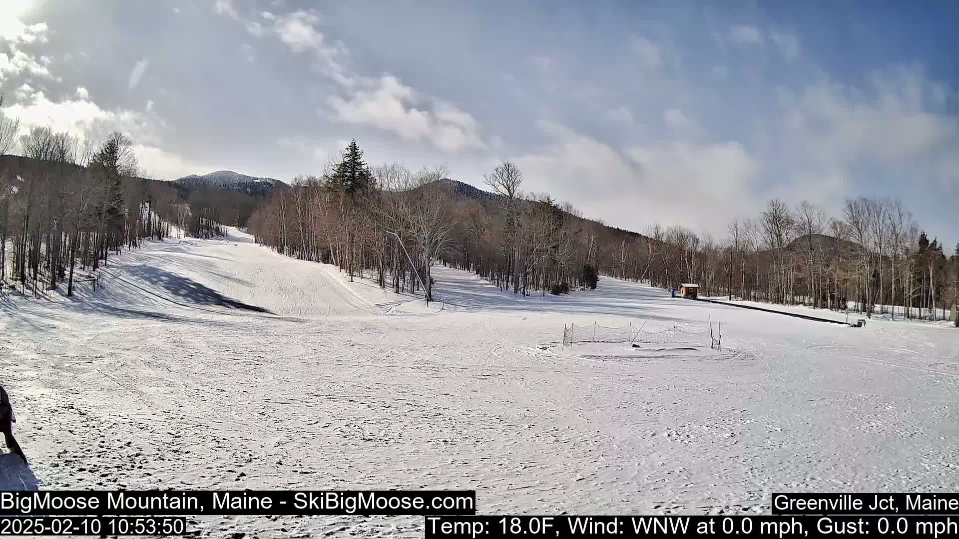 A snow-covered ski slope is visible, with leafless trees lining the hillsides under a partly sunny sky.