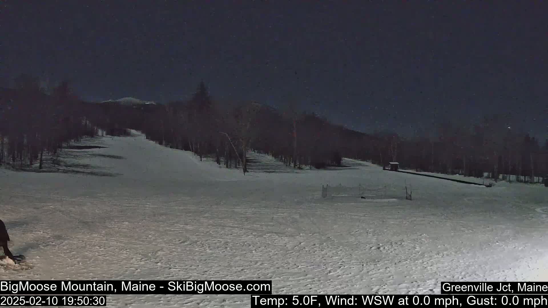 A snow-covered ski slope is visible under a dark, night sky with a calm, clear atmosphere.