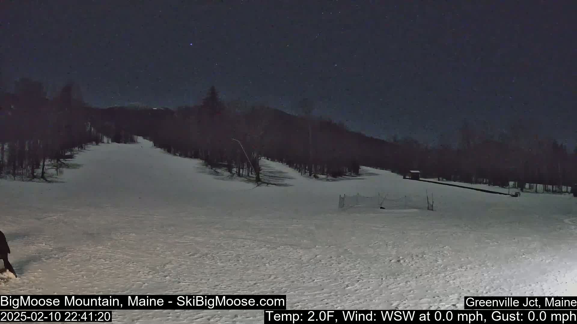 A snow-covered ski slope at night under a clear, starry sky.