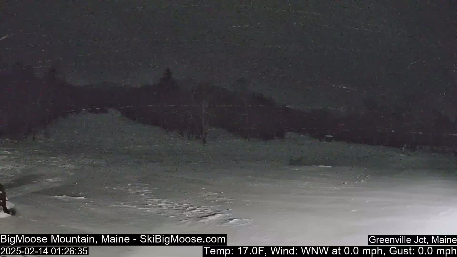 A nighttime snow scene shows a snow-covered slope with dark trees in the background under heavy snowfall.
