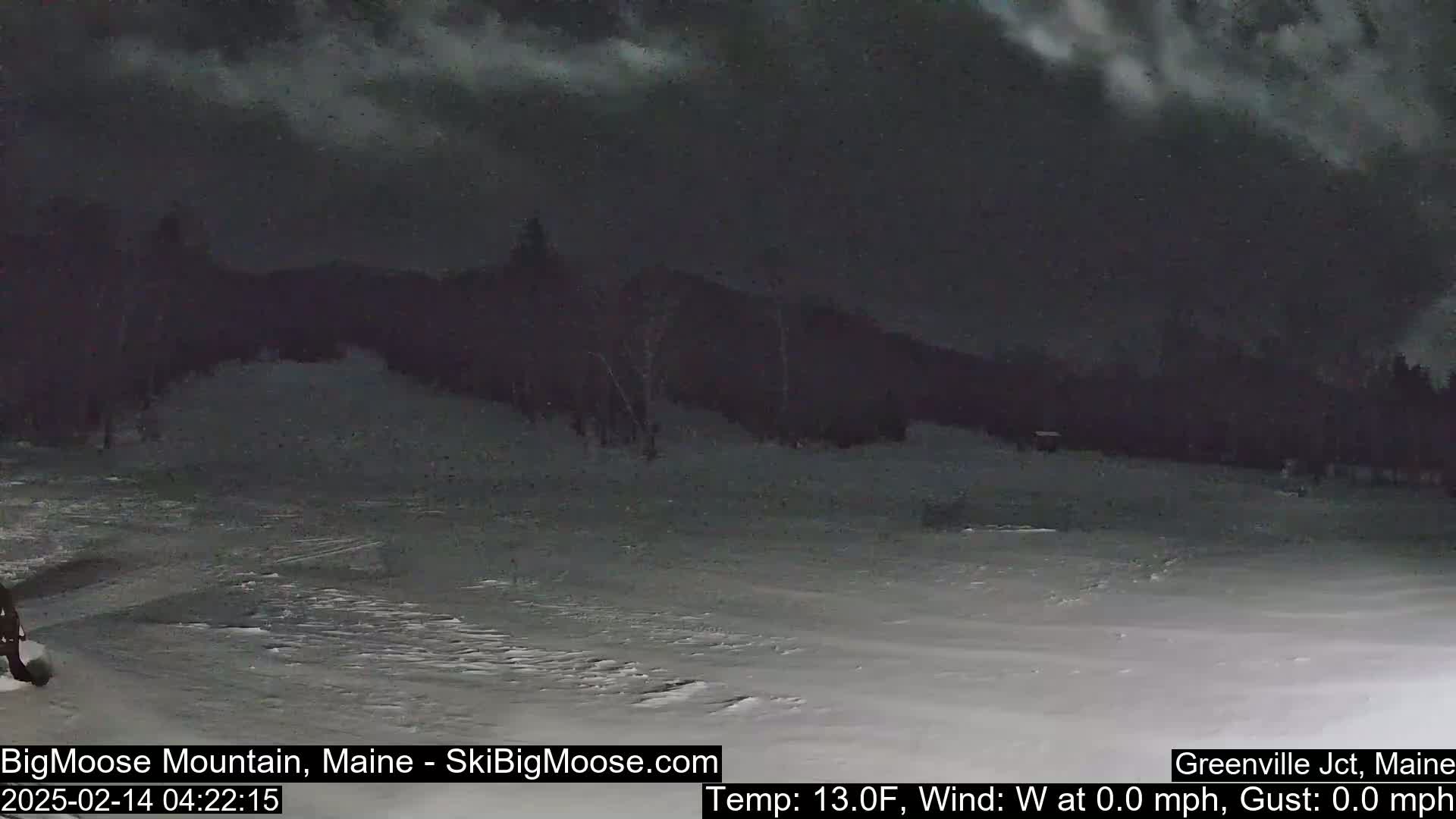 A snow-covered landscape at night under a cloudy sky shows a dark, wooded hillside in the background.