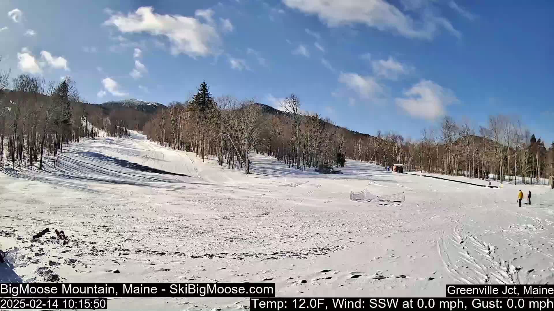 A snow-covered ski slope is situated among bare, leafless trees under a mostly sunny sky.
