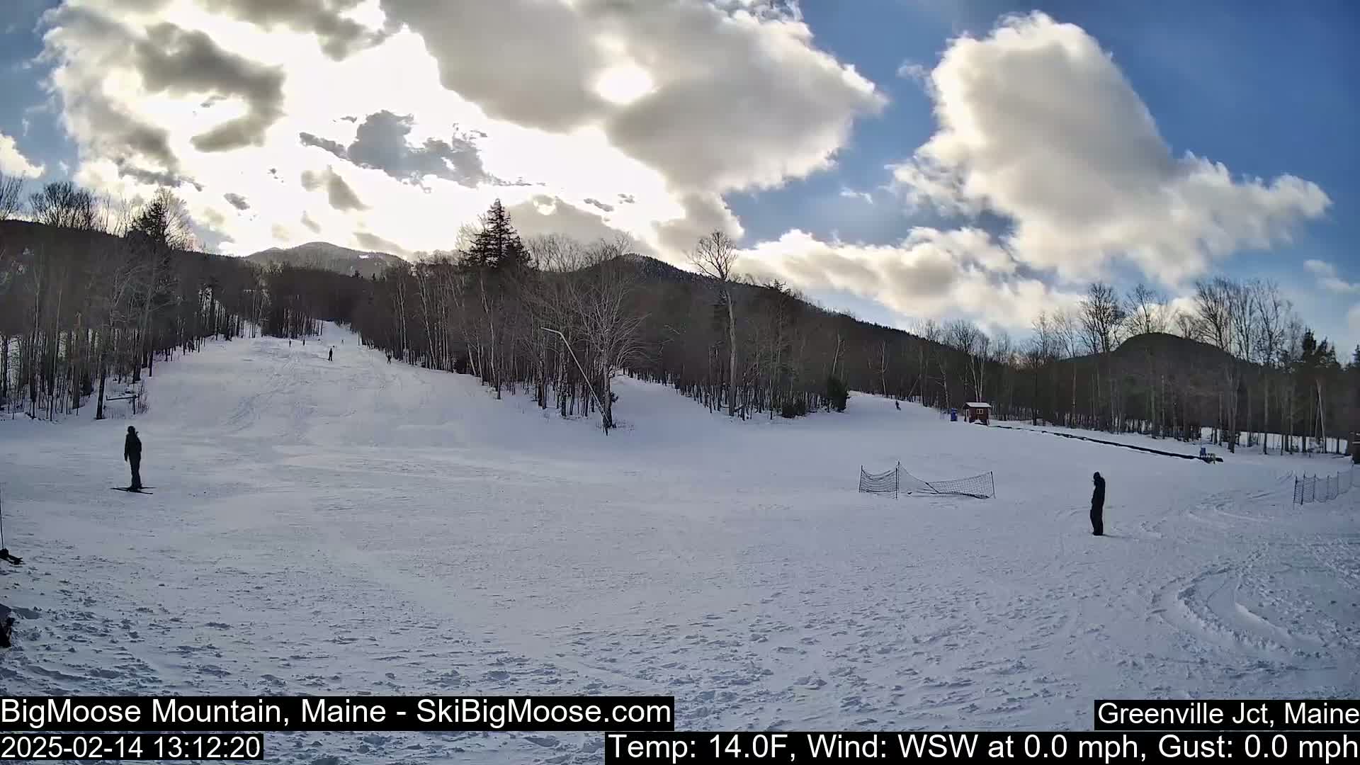 A snow-covered ski slope with a few skiers, surrounded by bare trees under a partly cloudy sky.