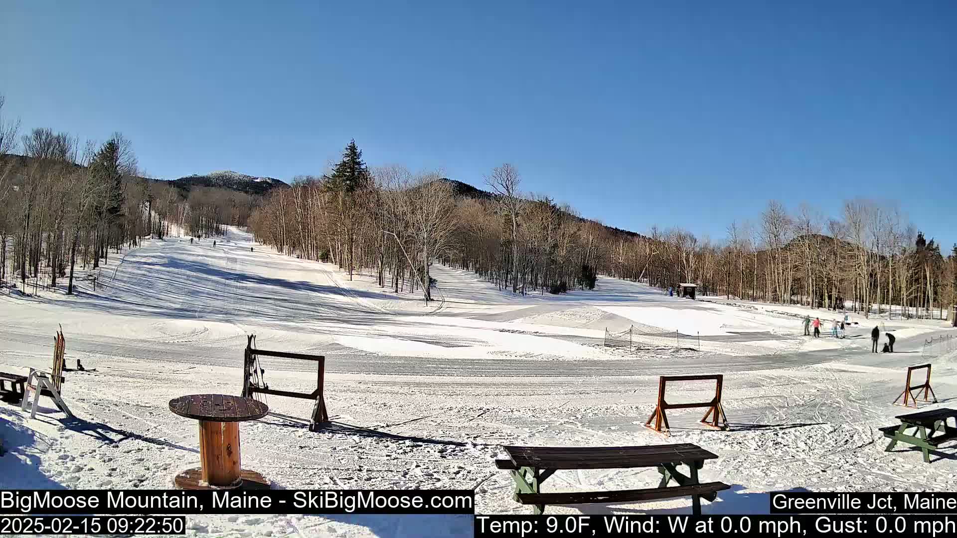 A snow-covered ski slope with several skiers and snowboarders, under a clear blue sky.
