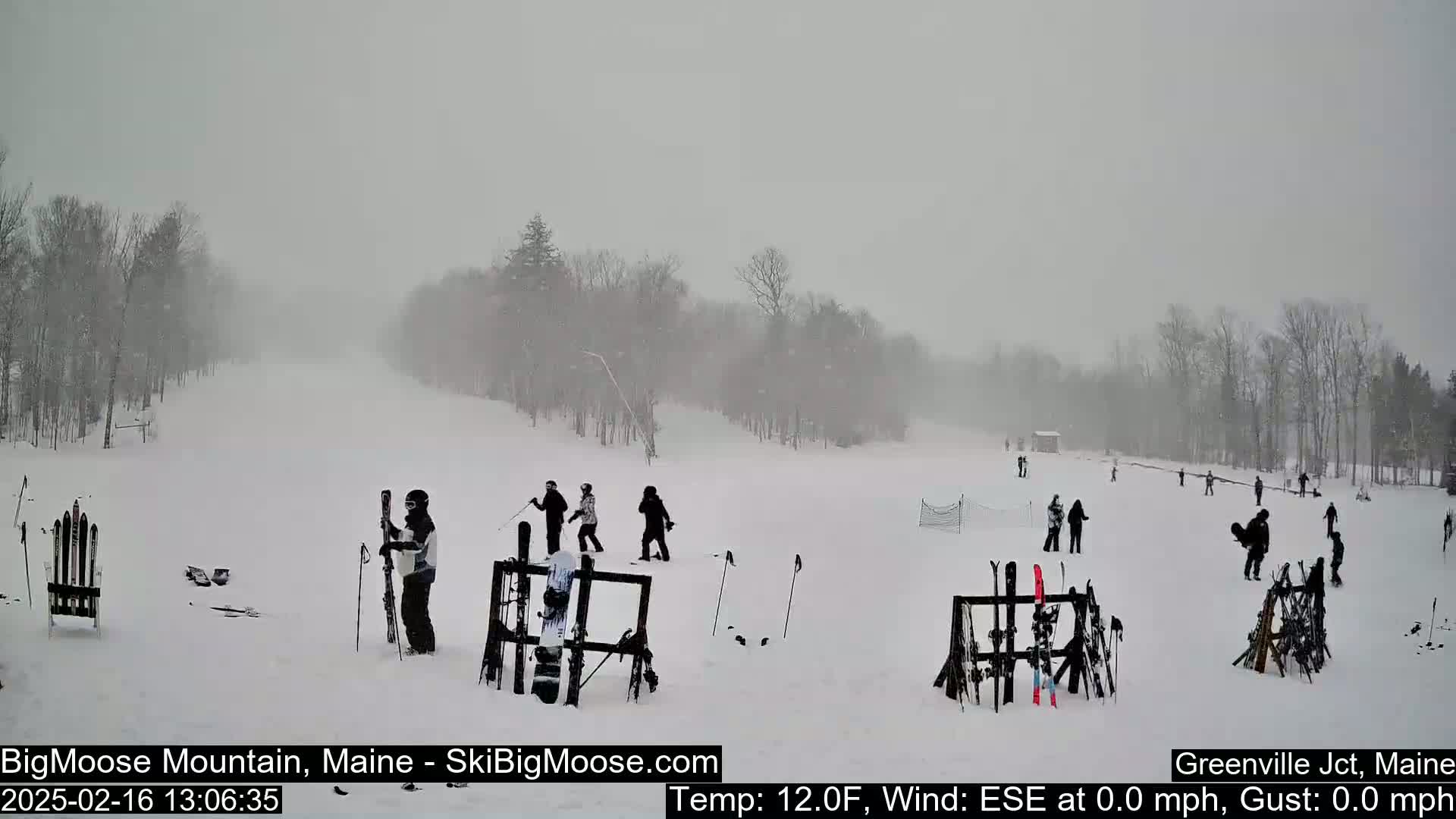 A snowy ski slope with several skiers and snowboarders, under heavy overcast skies in a blizzard.