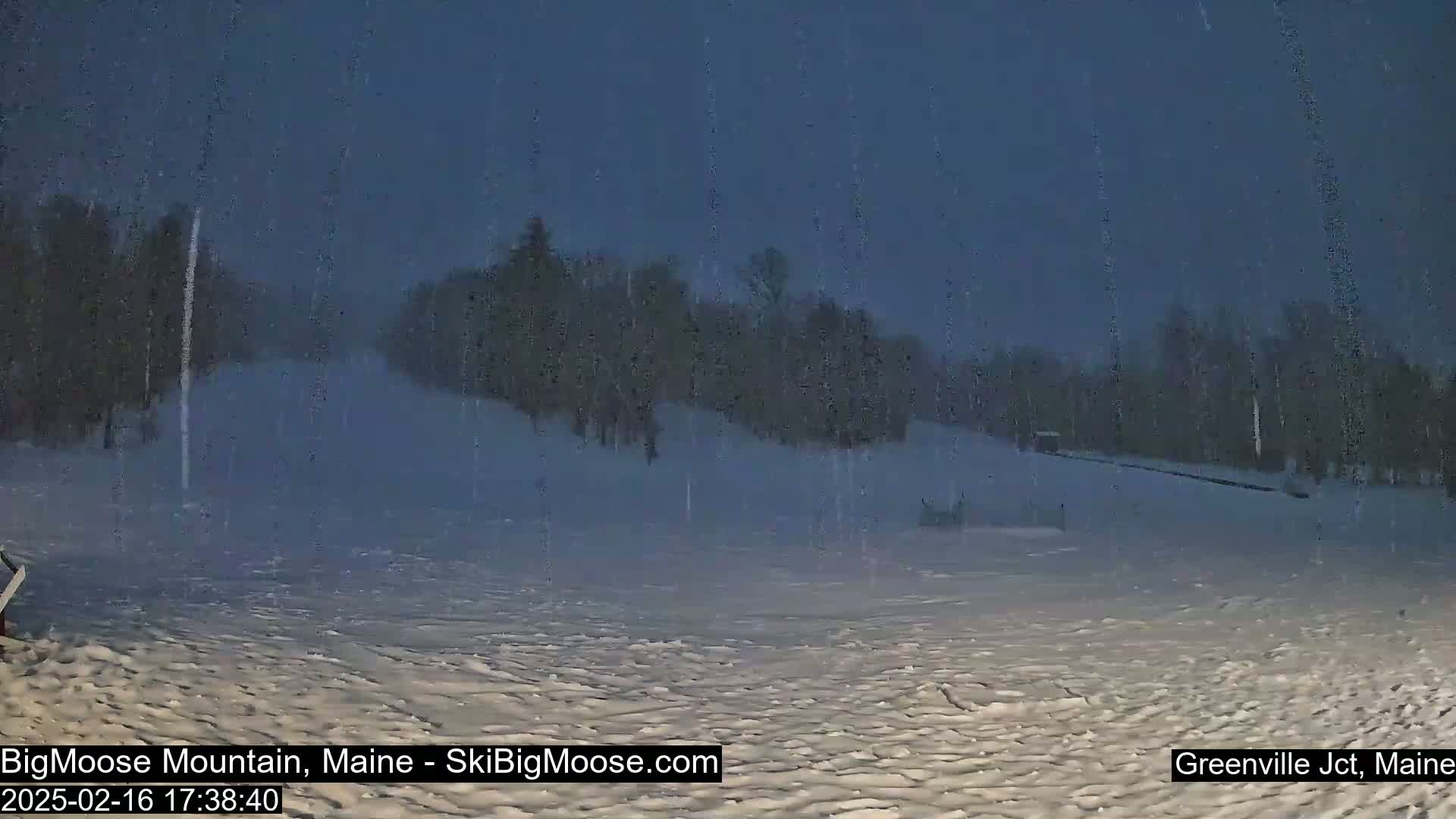 A snow-covered landscape with trees in the background is seen during a nighttime snowstorm.