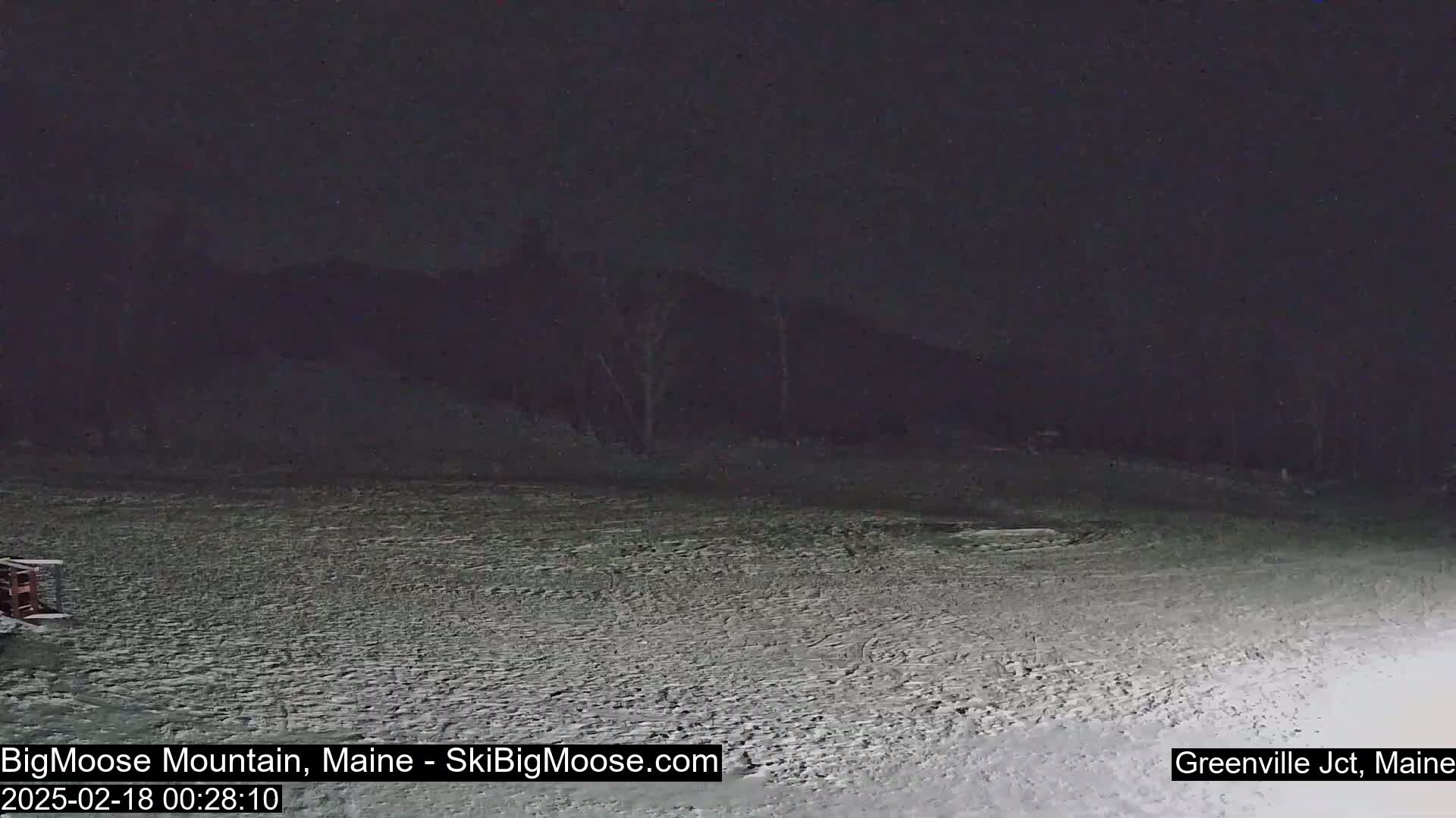A snow-covered ground extends to a dark, tree-lined hill under a night sky.