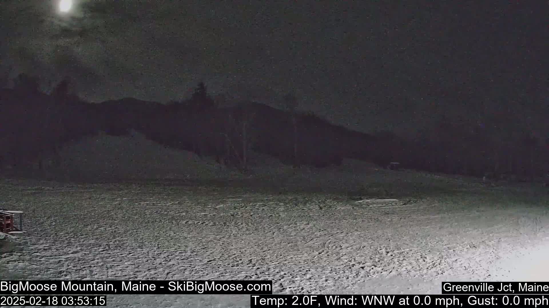 A moonlit, snow-covered landscape with a dark mountain in the background under a calm, night sky.