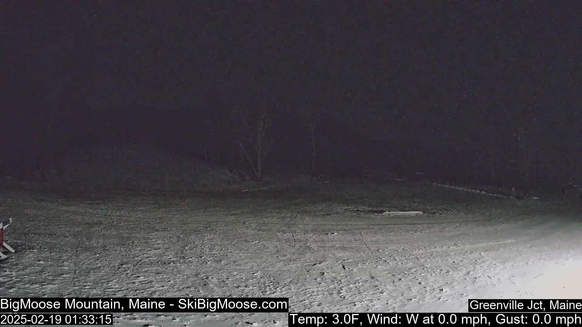 A snow-covered, dark landscape at night with a calm wind.