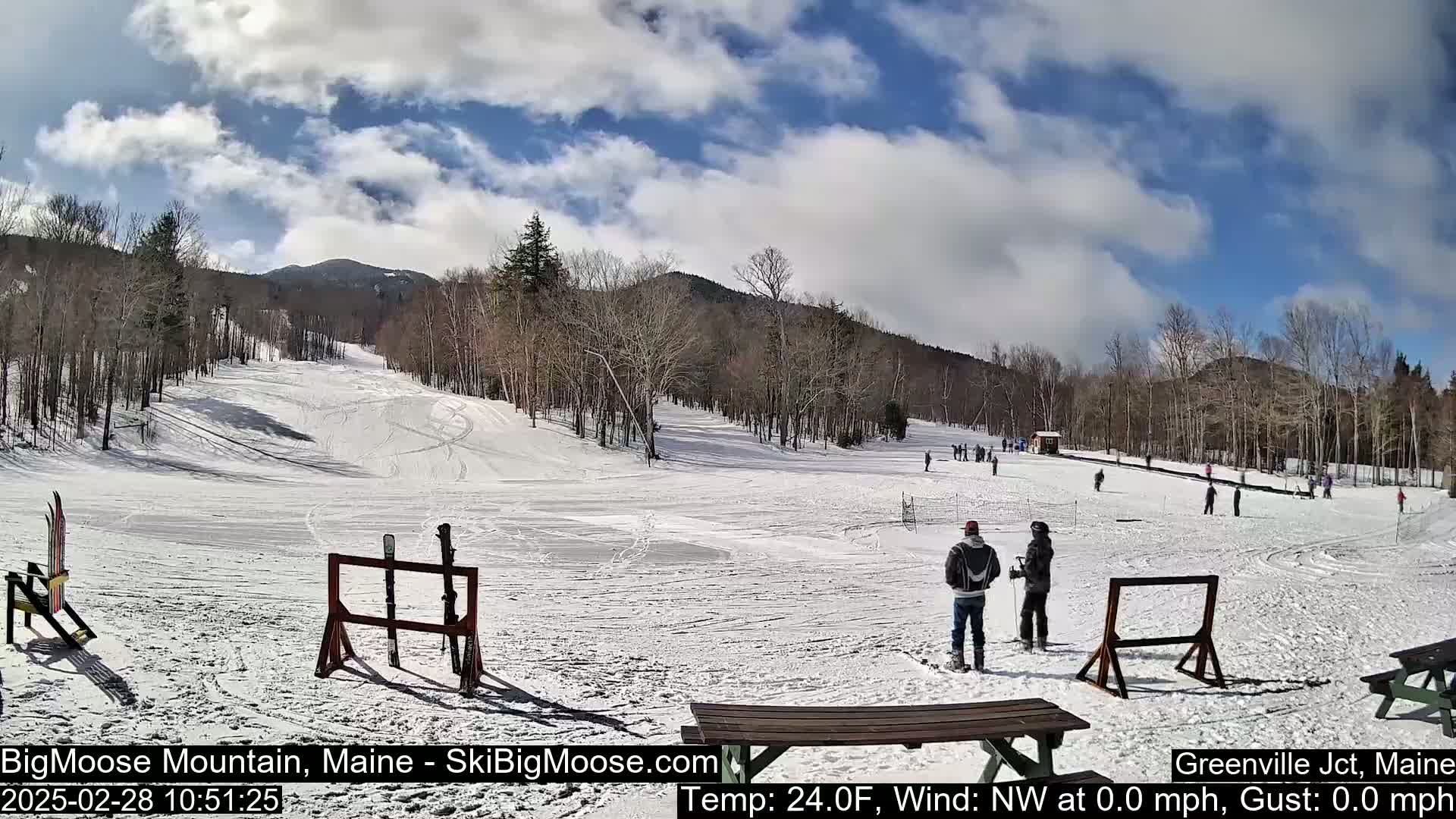 A snow-covered ski slope with several people skiing and snowboarding under a partly cloudy blue sky.