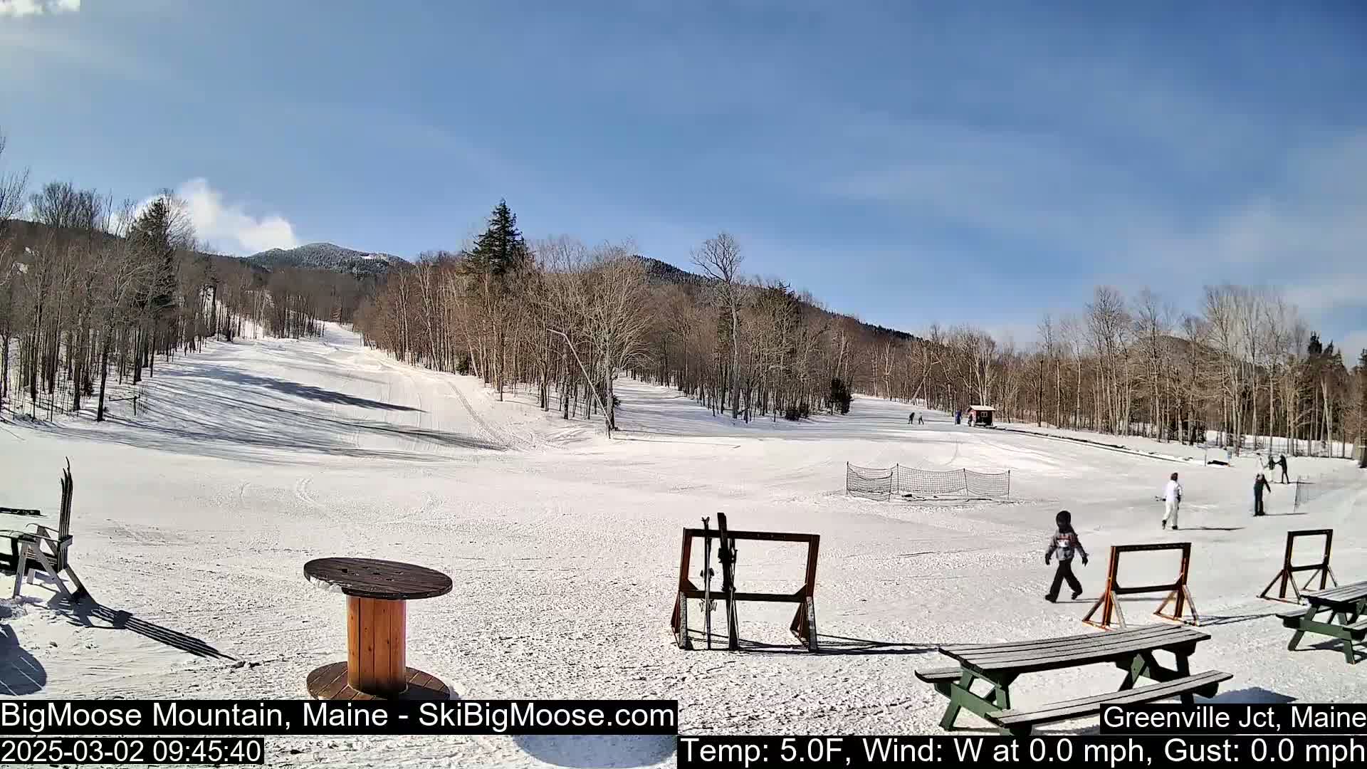 A snow-covered ski slope with several people skiing and walking, under a clear blue sky.