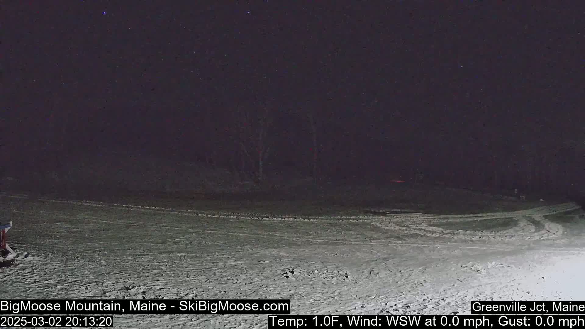 A snow-covered landscape is visible at night under a starry sky.