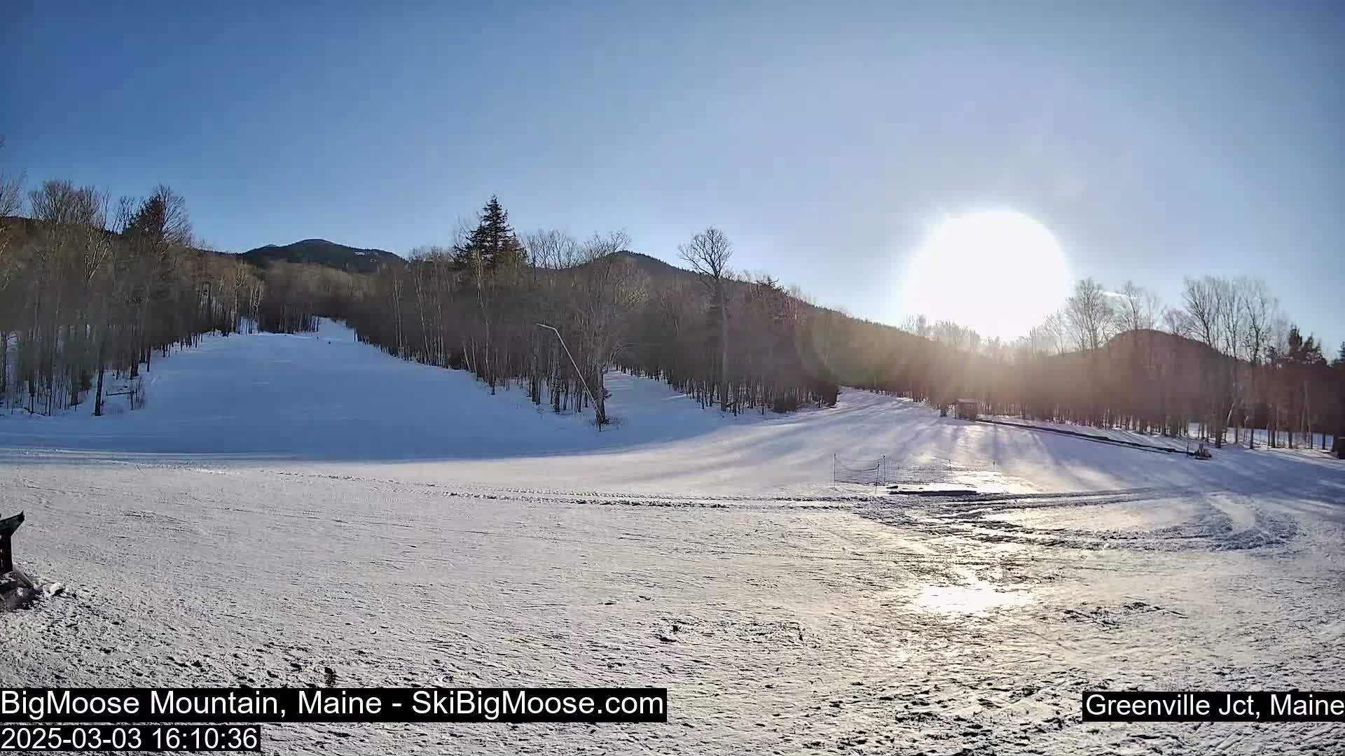A snow-covered ski slope is bathed in bright sunlight, with leafless trees lining the hills in the background under a clear blue sky.