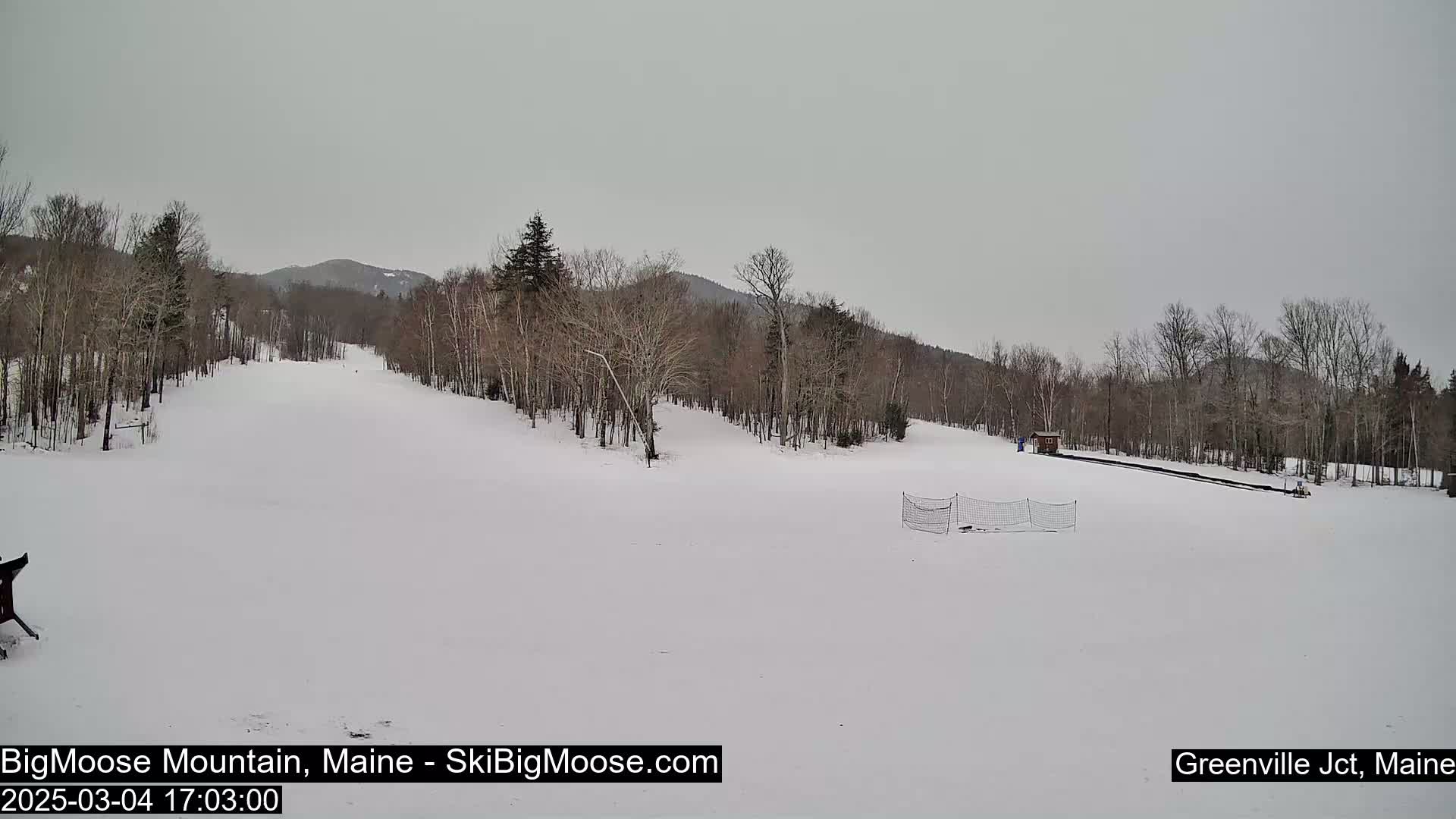 A snow-covered ski slope is seen on an overcast day, with bare trees lining the sides of the hill and a small building in the background.