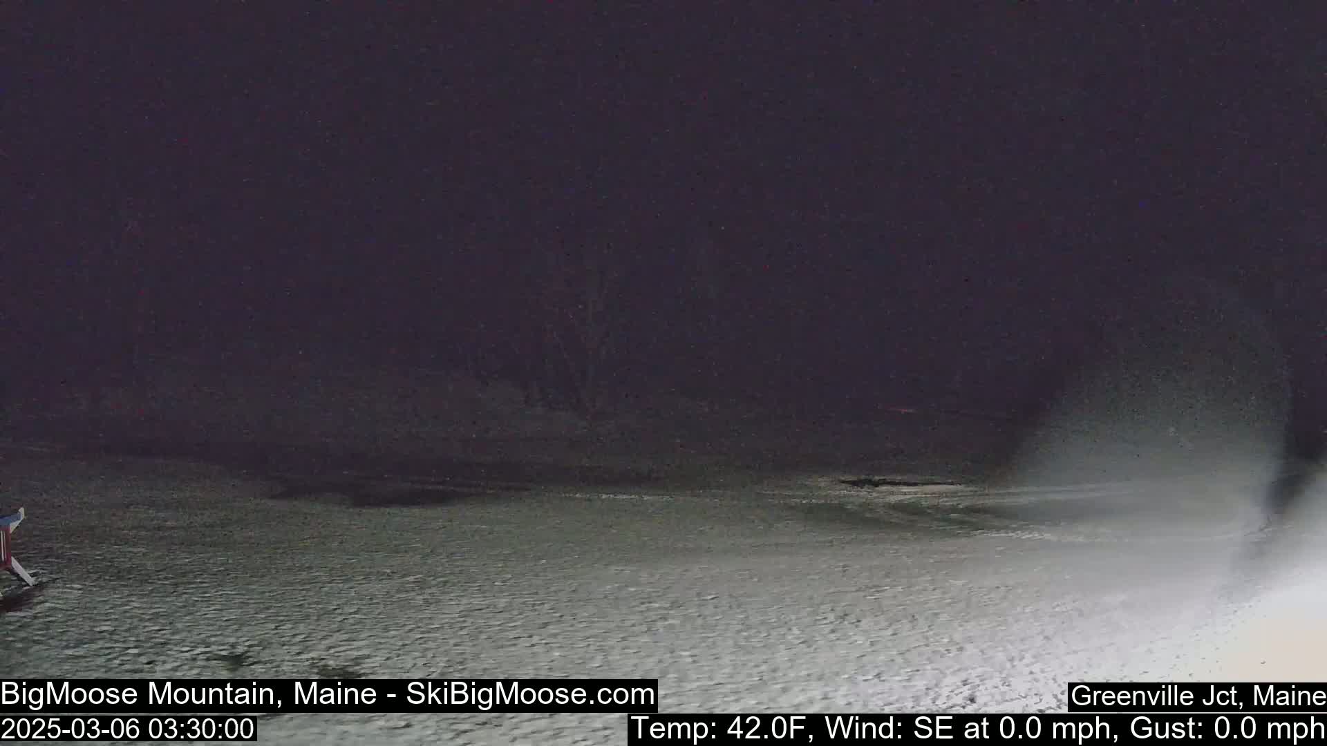 A snow-covered ground is visible under a dark night sky, with a calm, 42°F temperature and no wind.