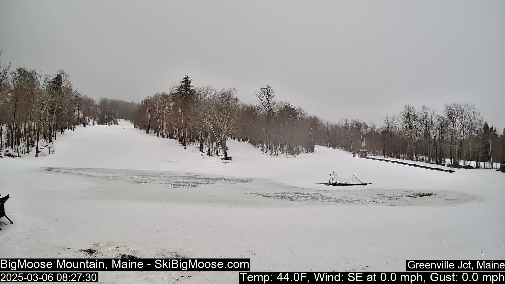 A snow-covered ski slope with a partially frozen pond in front, surrounded by bare trees under an overcast sky.