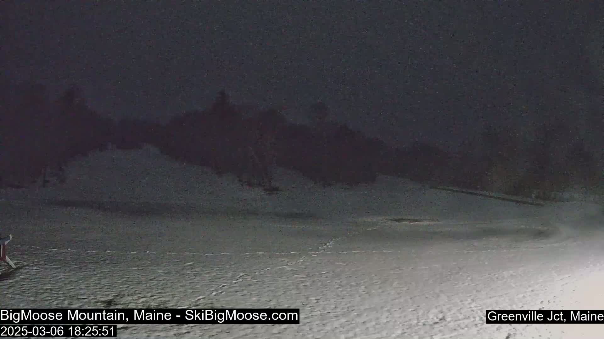 A snow-covered, dark landscape is visible at night under a lightly snowing sky.