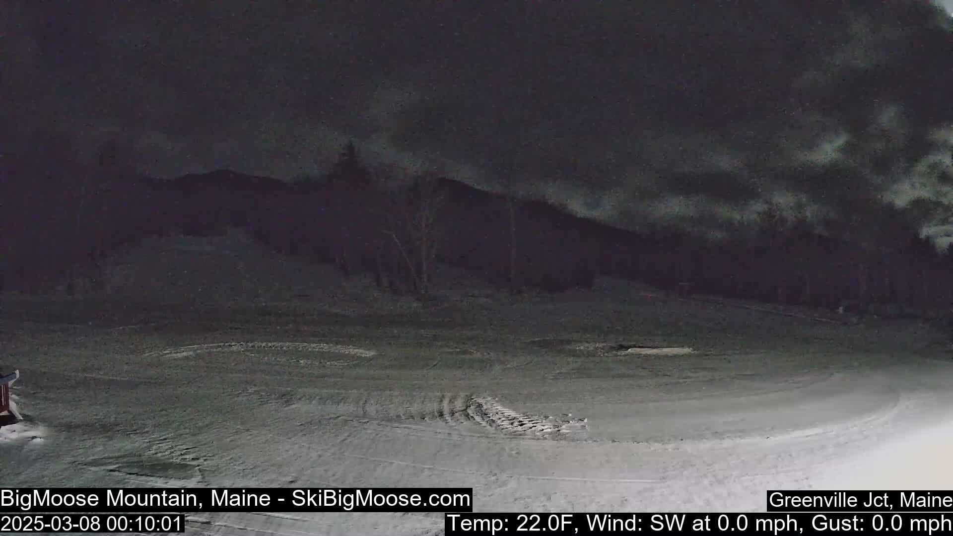 A snow-covered, mostly empty area is visible under a dark, cloudy night sky.