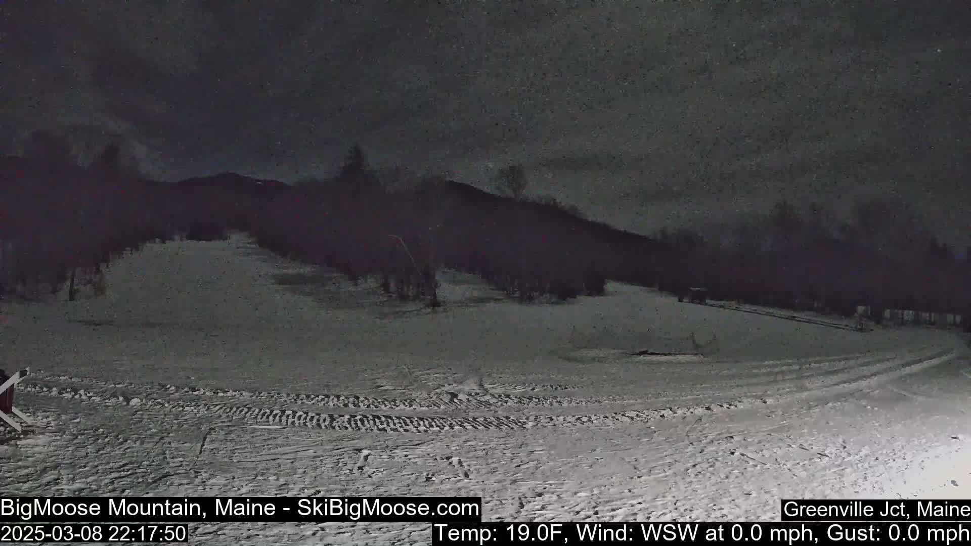 A snow-covered slope at night under a dark sky with calm, cold weather.