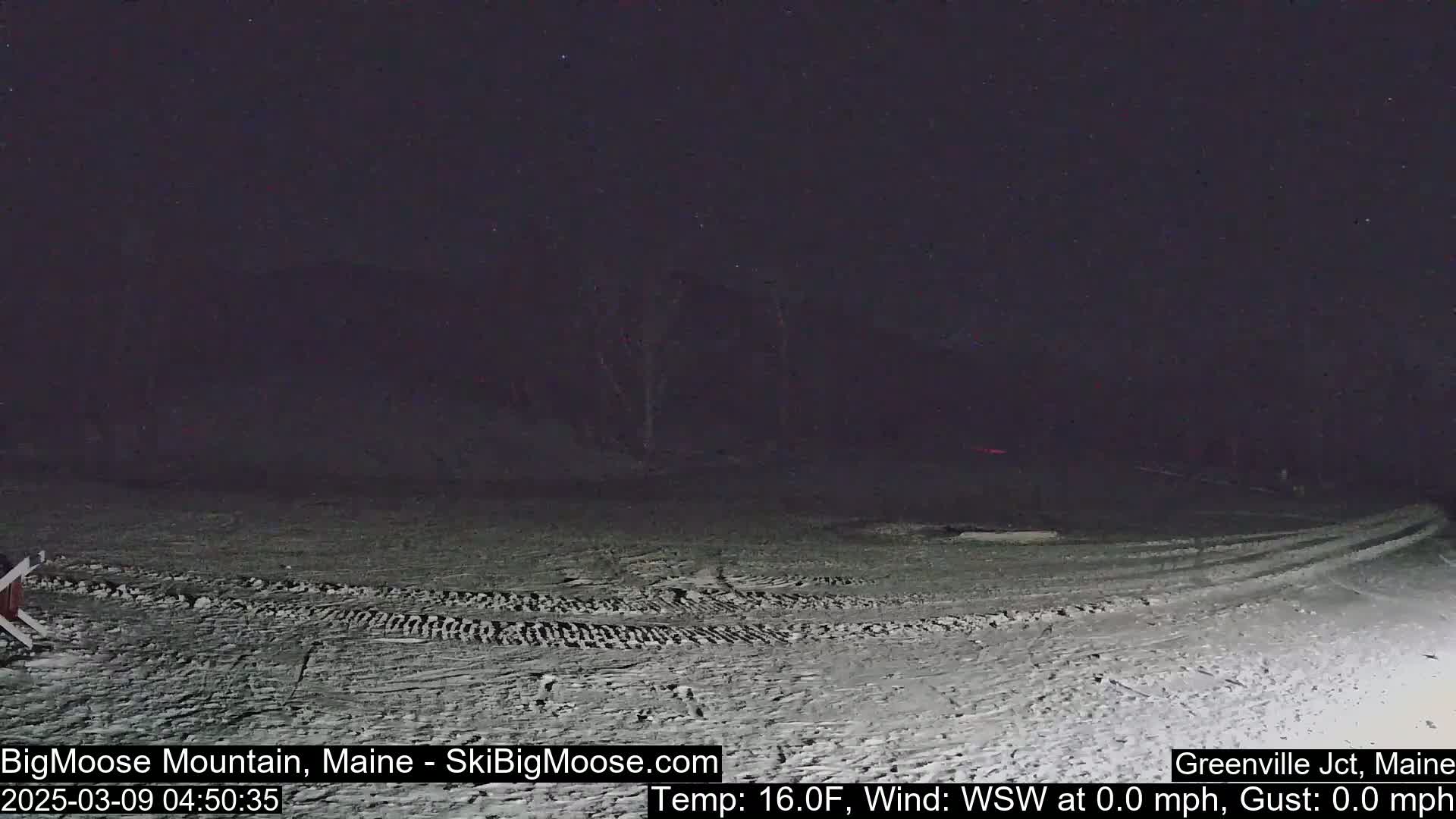 A snow-covered, dark area at night with a calm wind and a temperature of 16 degrees Fahrenheit.