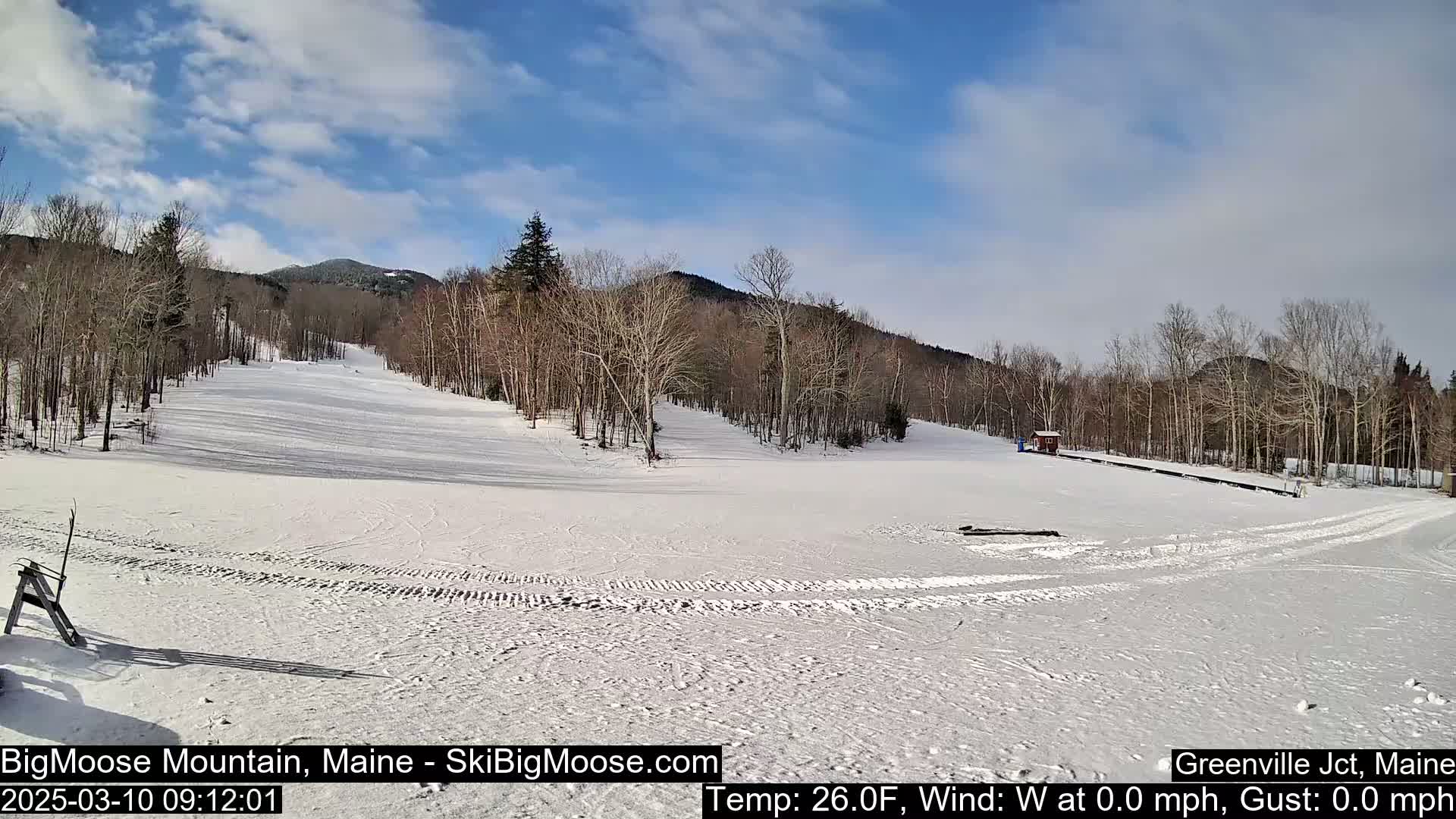 A snow-covered ski slope stretches beneath a mostly clear blue sky, surrounded by leafless trees and distant mountains.
