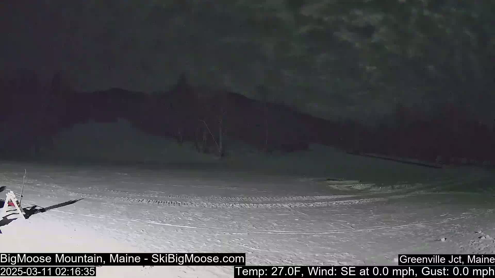A snow-covered slope is visible under a dark, cloudy night sky.