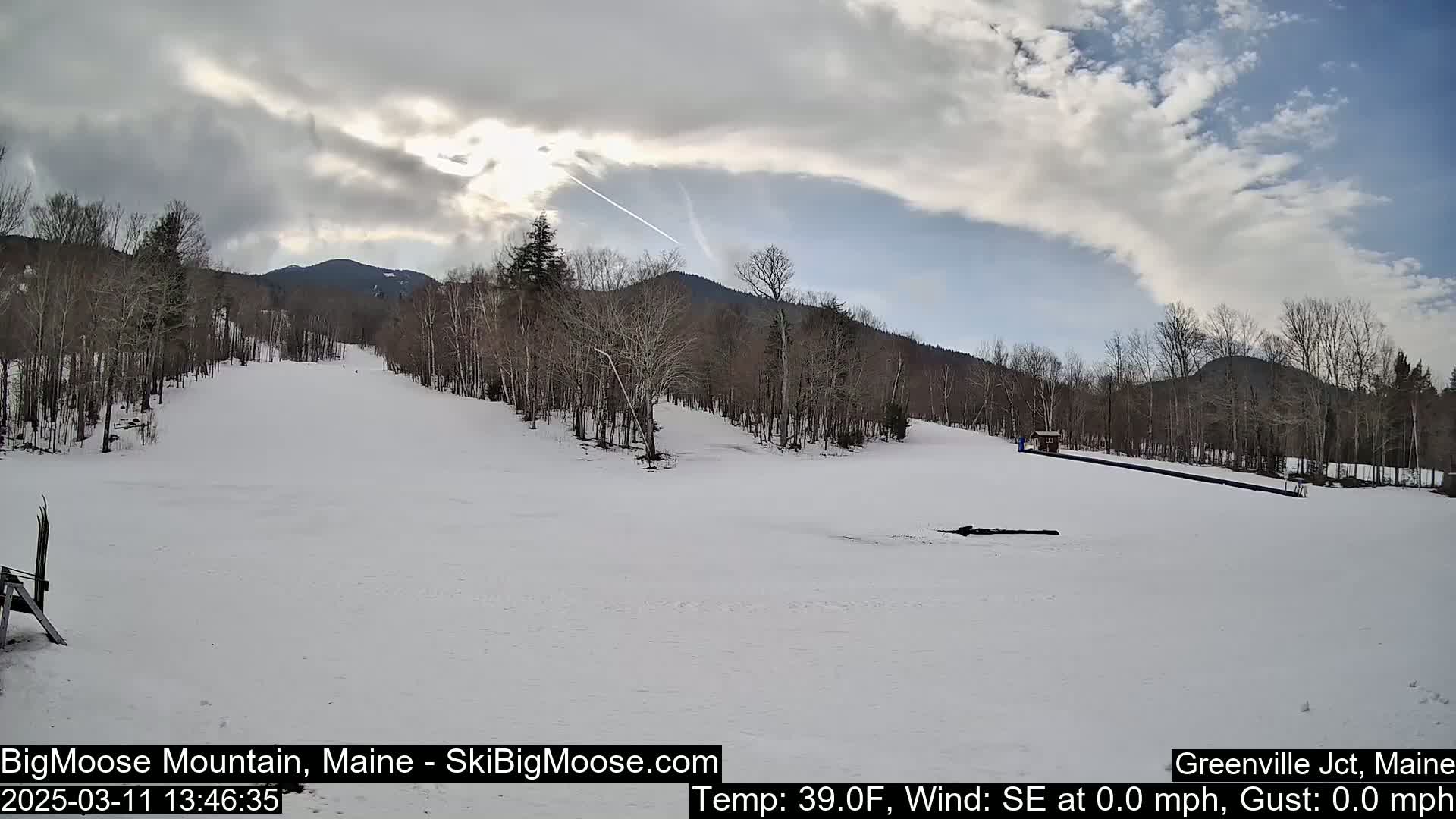 A snow-covered ski slope is visible, surrounded by leafless trees and mountains under a partly cloudy sky.