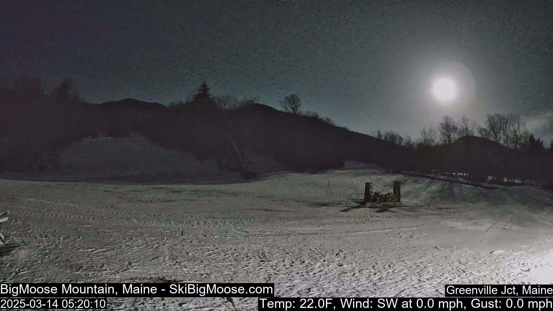 A snow-covered field at night under a bright moon, with dark mountains in the background.