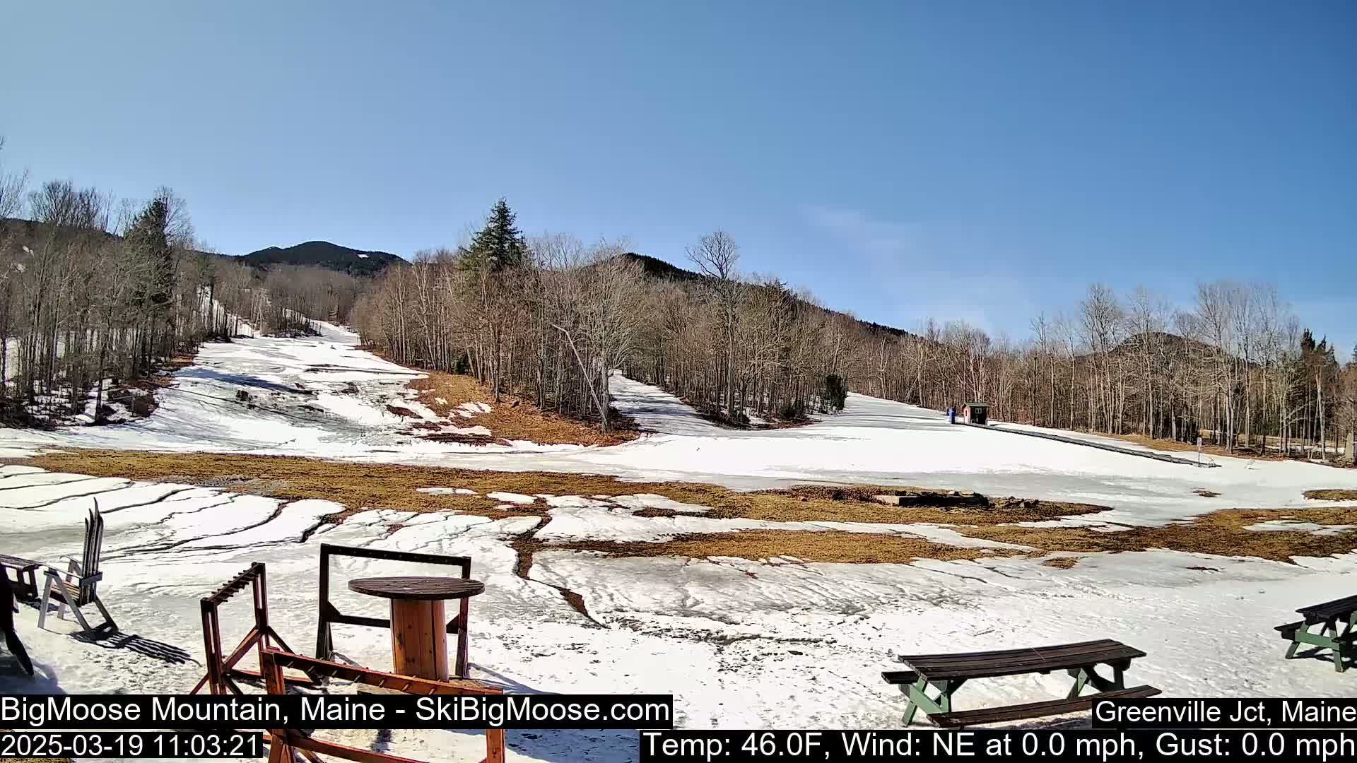 A partially snow-covered ski slope with brown patches of grass and several picnic tables sits under a clear blue sky.