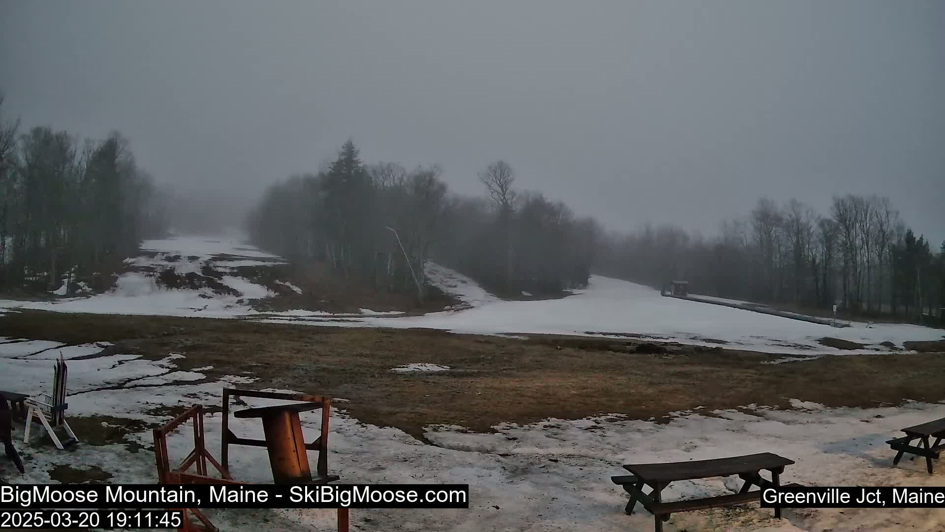 A snow-covered ski slope is visible through a thick fog, with bare trees lining the edges and picnic tables in the foreground.